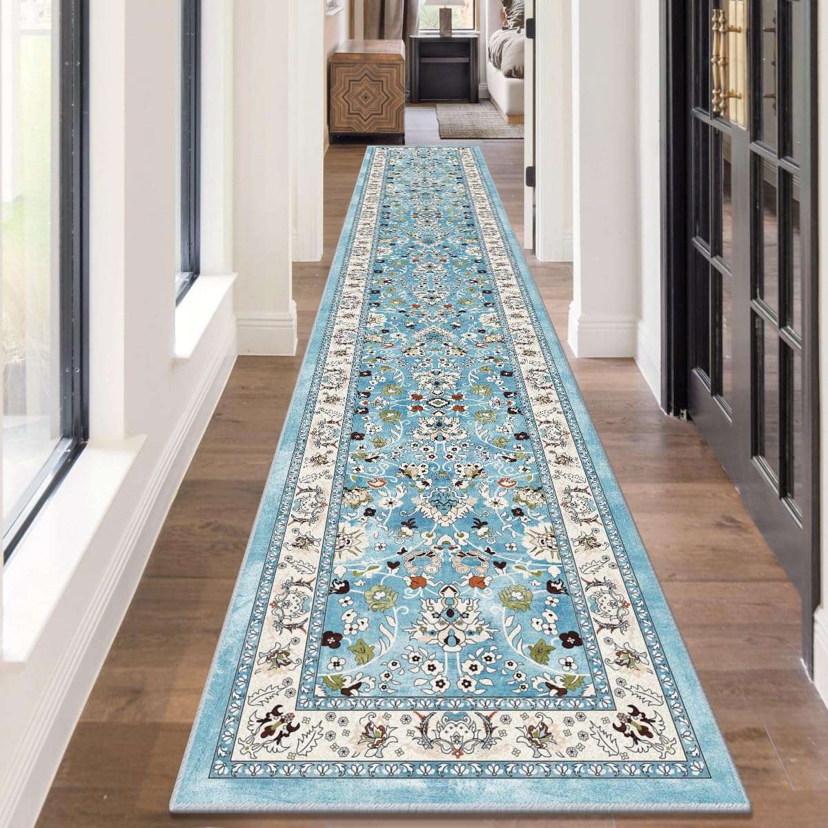 LOKHOM Washable Area Rug, 3x5 Non-Slip Kitchen Area Mat Vintage Living Room Rug with Rubber Backing, Boho Floral Faux Wool Farmhouse Bedroom Area Carpet for Bedroom Bathroom Kitchen Laundry(Teal) 3