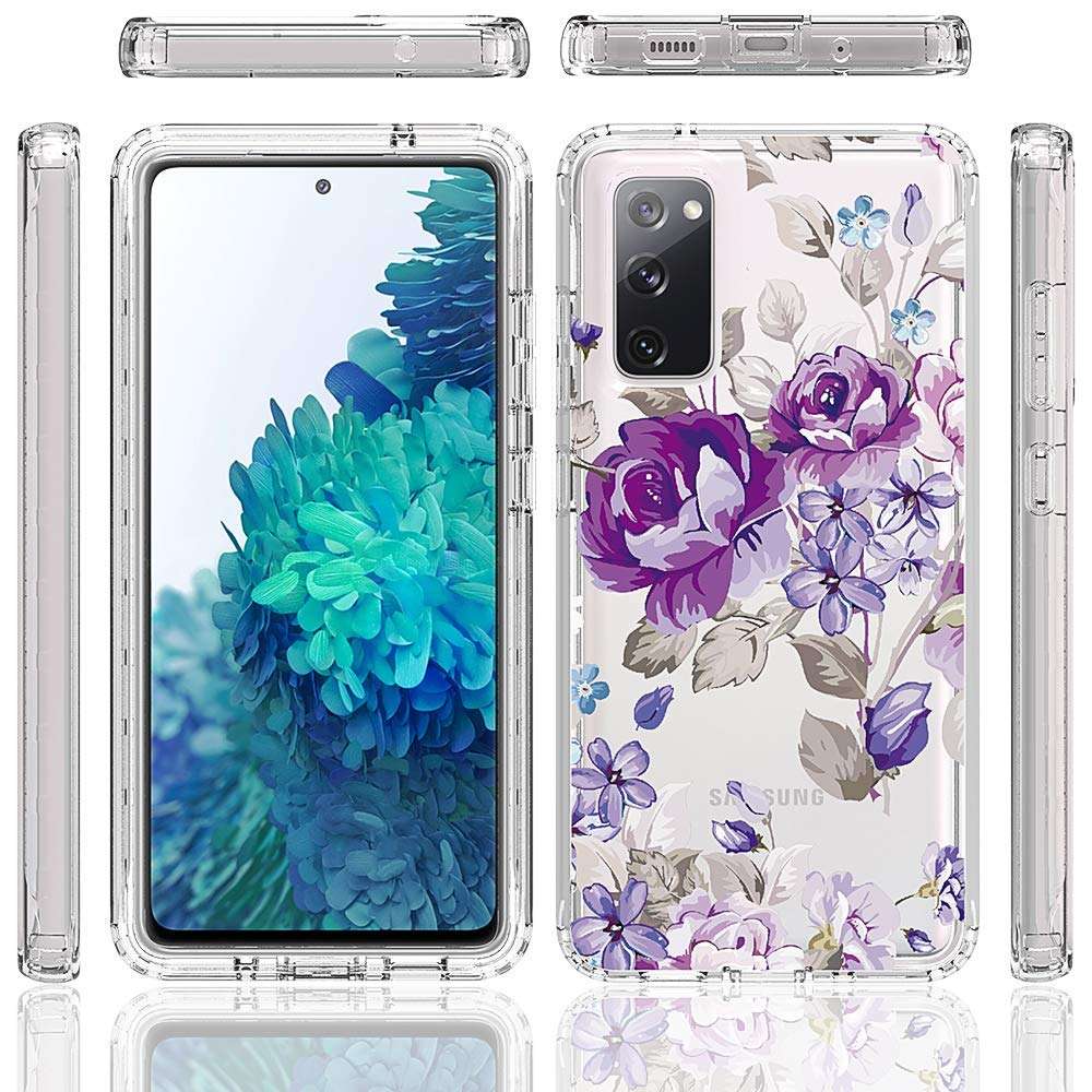 Samsung Galaxy S20 FE 5G Case,Scalette Galaxy S20 FE Case,Dual Layer Clear Flower Design,Soft TPU Back Cover Clear Shockproof Floral Pattern with PC Bumper for Women for Galaxy S20 FE Case,Purple 2
