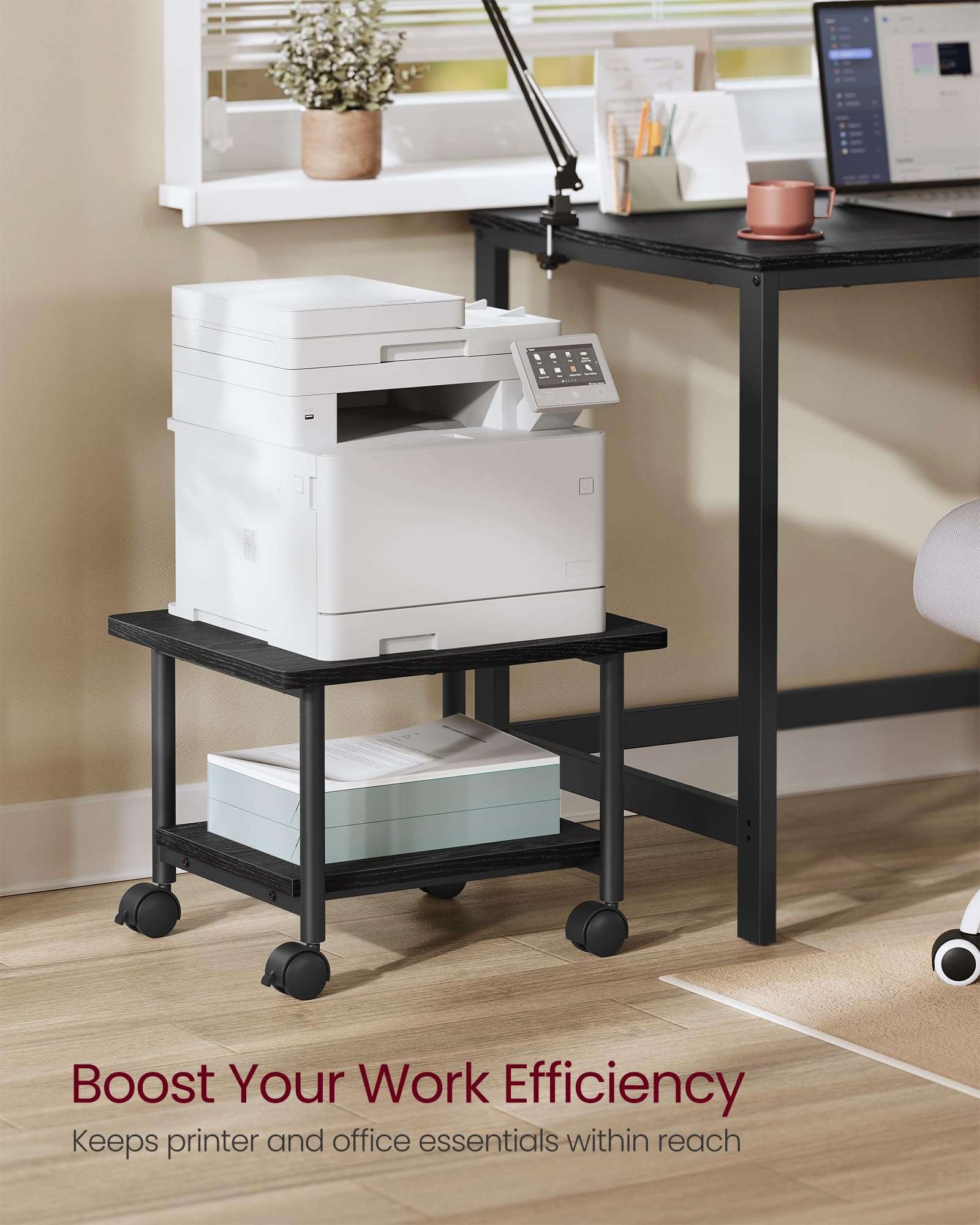 VASAGLE Heavy-Duty Printer Stand with Locking Wheels, 2-Tier Industrial Mobile Cart with Storage Shelf, Under Desk Printer Table for Home, Office, 13.4" Height, Ebony Black UOPS02B 3