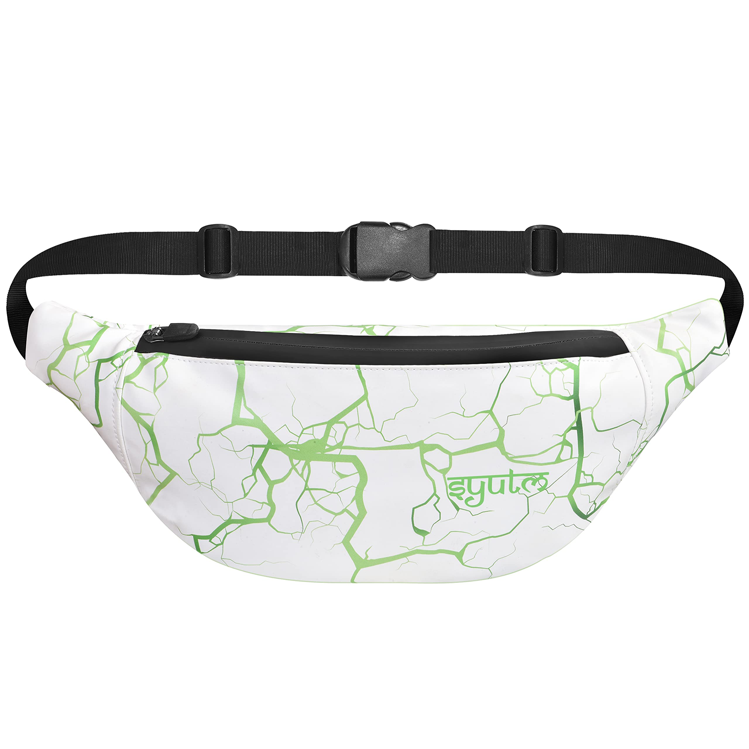 Syutm Unisex Premium Printed Leather Waist Pack Slinger Travel Handy Hiking PU Rubber Zip Pouch Elegant Style Document Money Phone Belt Sport Bag for Men and Women Adjustable Strap (Green Lighting)