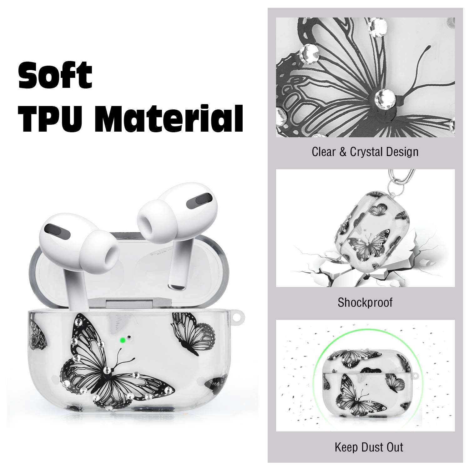 QINGQING AirPods Pro Case Cover, Clear Cute Crystal Design Skin Shockproof Protective Transparent TPU Case for Apple Airpod Pro 2019 with Keychain (Butterfly) 4