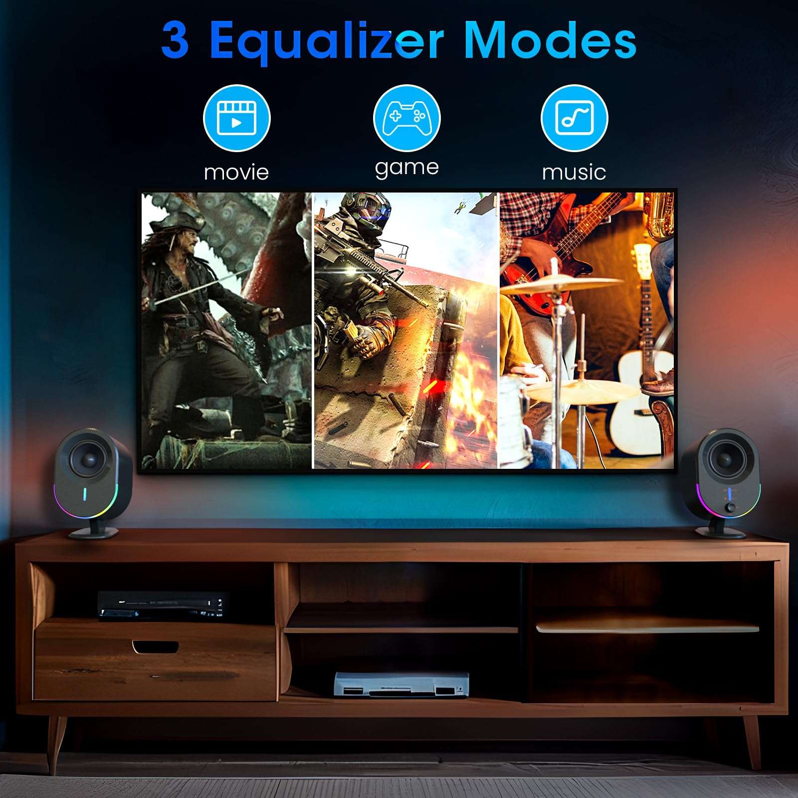 Littoak Computer Speakers, 2*15W Bluetooth Gaming Speaker, 2.0 CH PC Stereo with 6 LED Modes, AC Powered Speaker with 3 Equalizer Modes, Aux in/out, USB port Speakers for Laptop/Desktop/Tablets/Phone 4