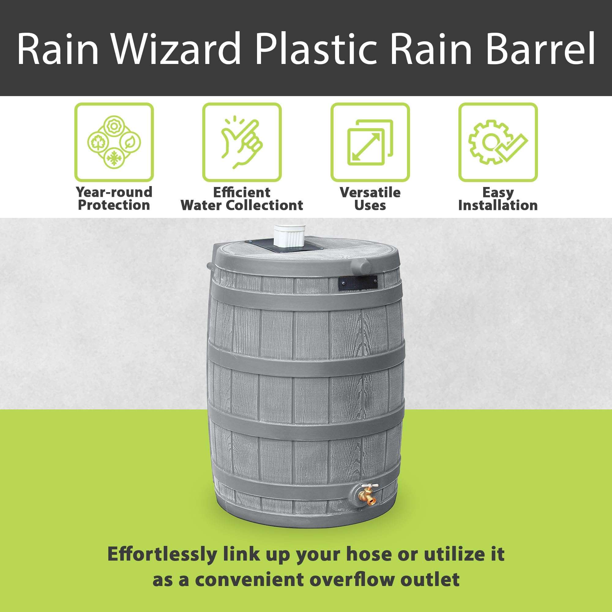 Good Ideas Rain Wizard 50 Gallon Plastic Outdoor Home Water Storage Tank Rain Barrel Collector with Brass Spigot and Flat Back Design, Gray 3