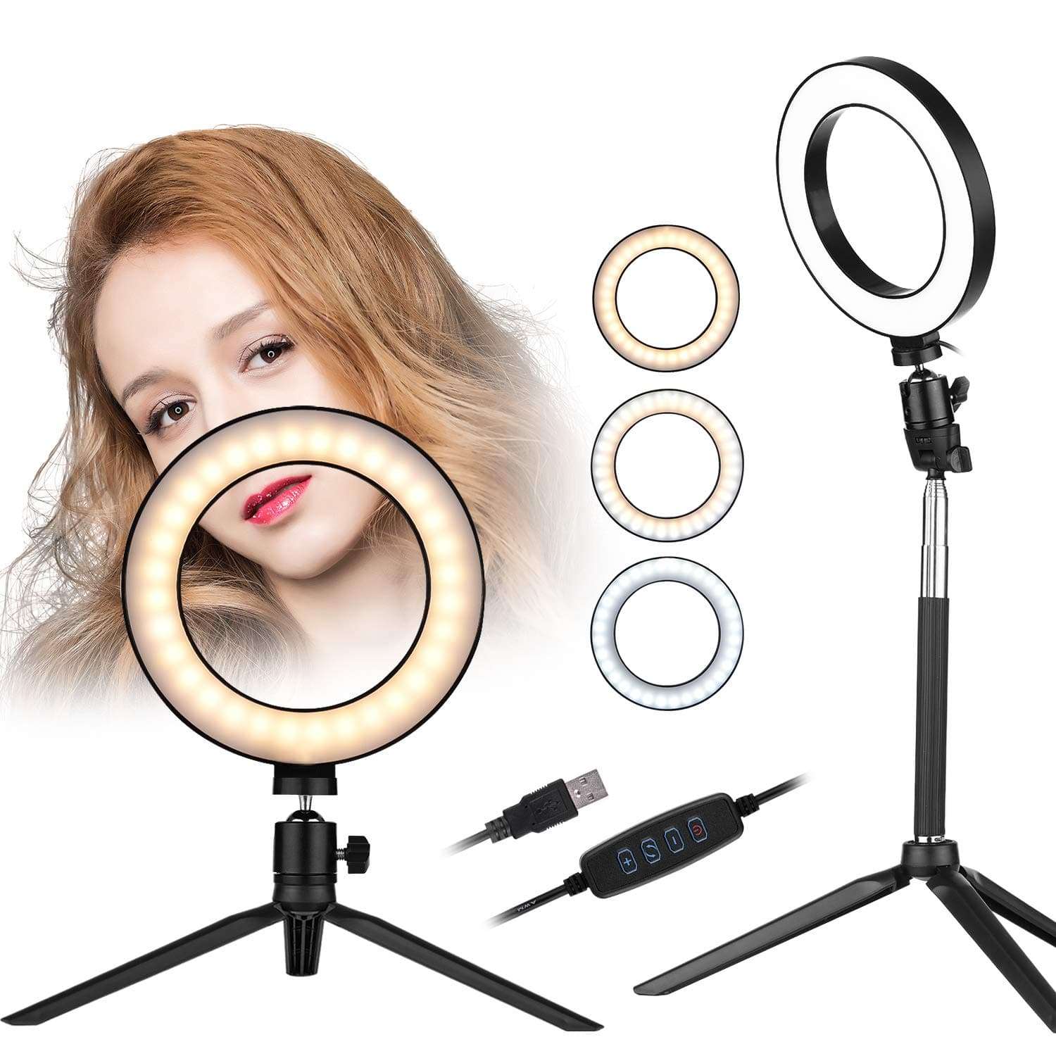 Andoer LED Ring Light with Tripod Stand, 6 Inch Selfie Ring Light for YouTube Video/Makeup/Vlogging with Dimmable 3 Light Modes & 11 Brightness Level, 360 Rotary USB Camera Light 2