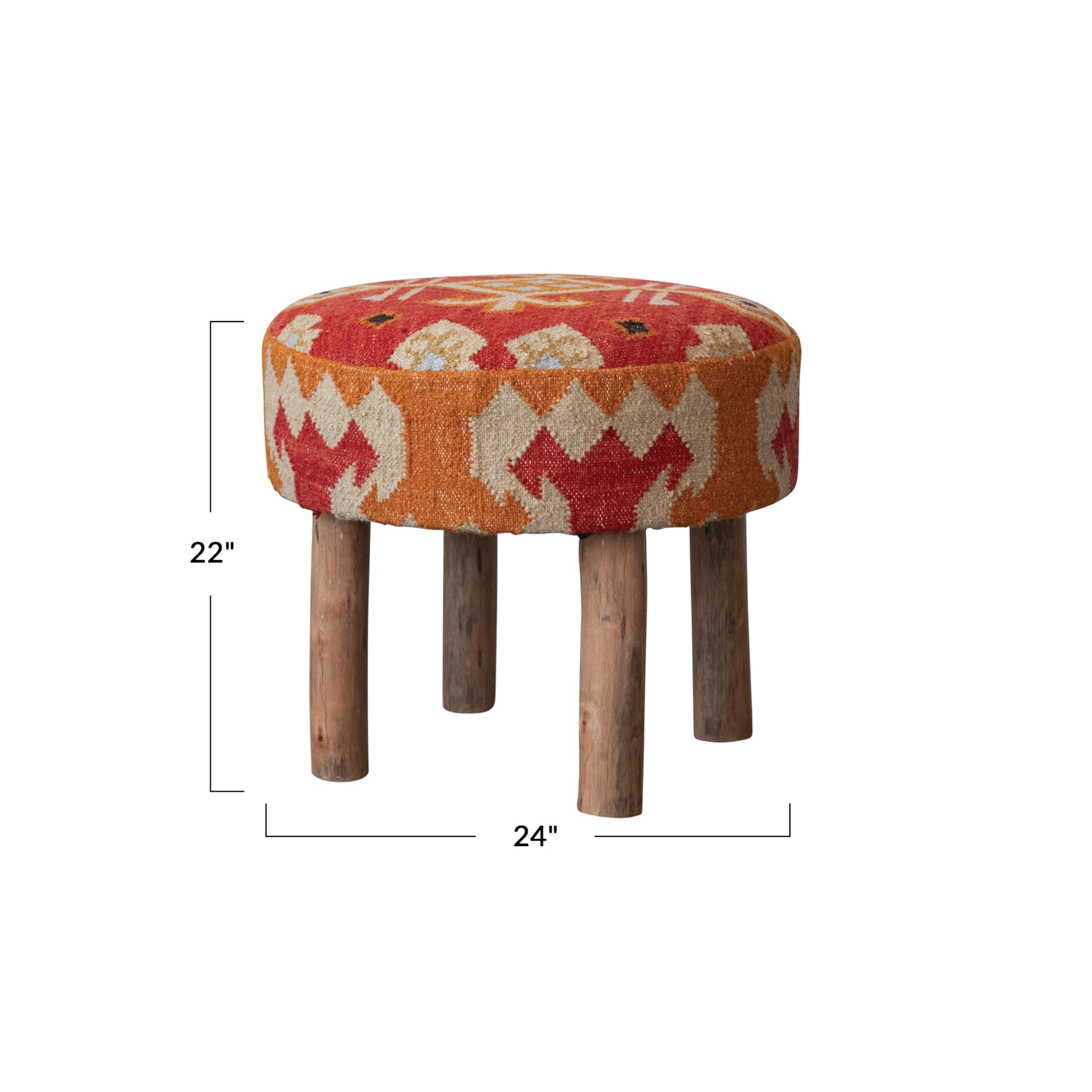 Creative Co-Op Round Cotton and Wool Kilim Stool with Wood Legs, Natural and Orange 3