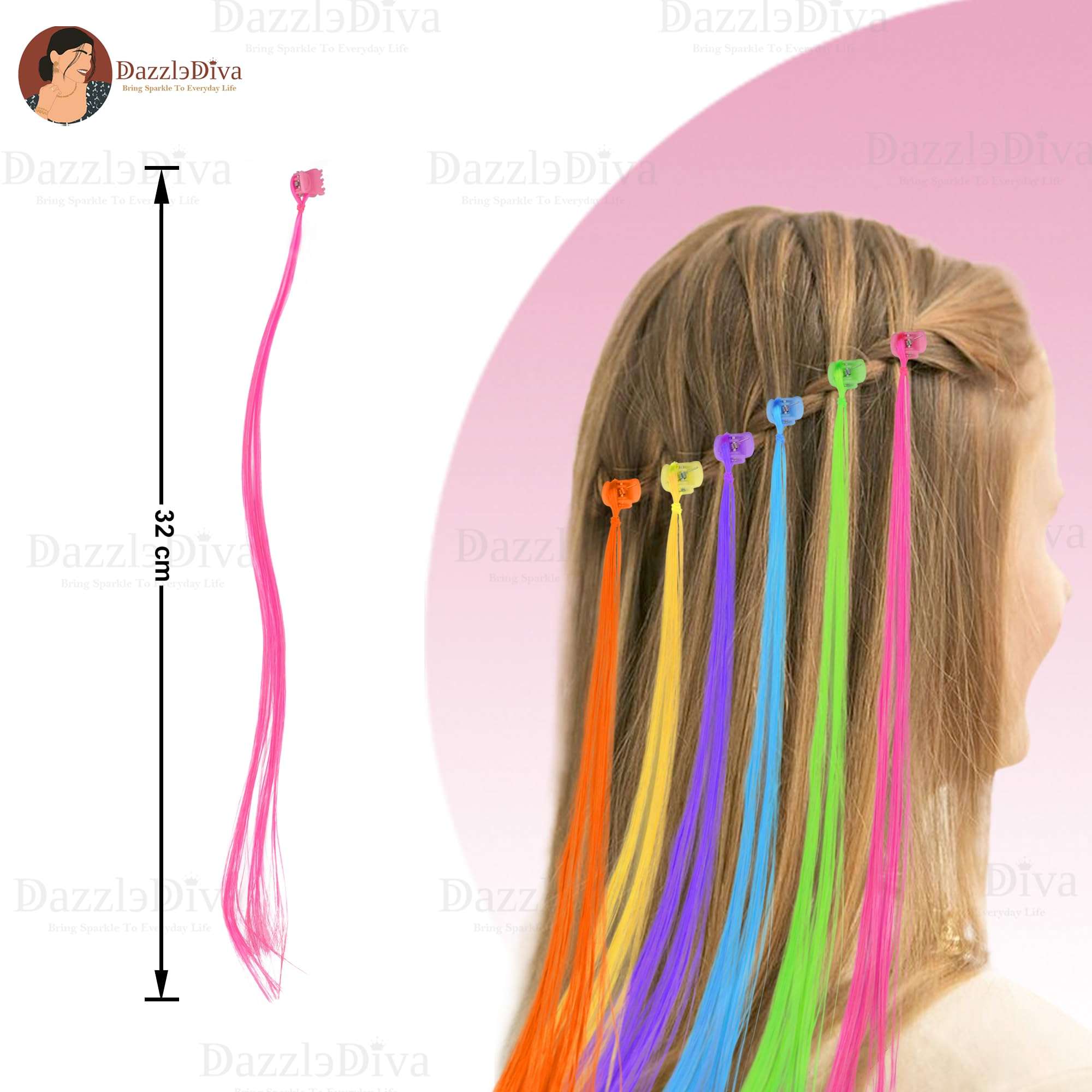 DazzleDiva Hair Highlight Extensions Artificial Hair Strips Colourful Hair Streaks Trendy Hair Streak Coloured Hair Extensions For Kid Hair Clips For Kids Side Hair Extensions 6PCS 3