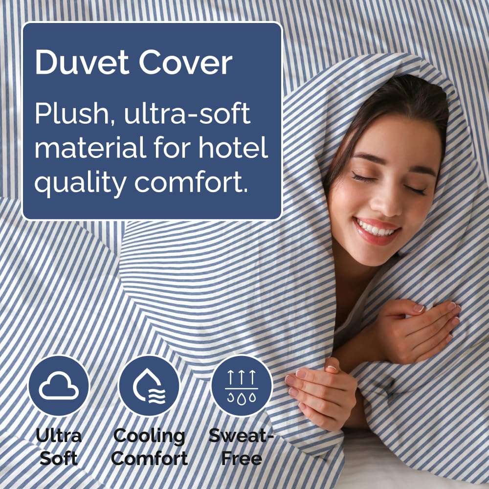 Cal King Size Flat Bed Sheet + Duvet Cover Bundle - Hotel Luxury Single Flat Bottom Sheet Only - Fits Mattresses with Deep Pockets between 8 to 16 inches - Breathable and Wrinkle Free - Blue Stripes 3