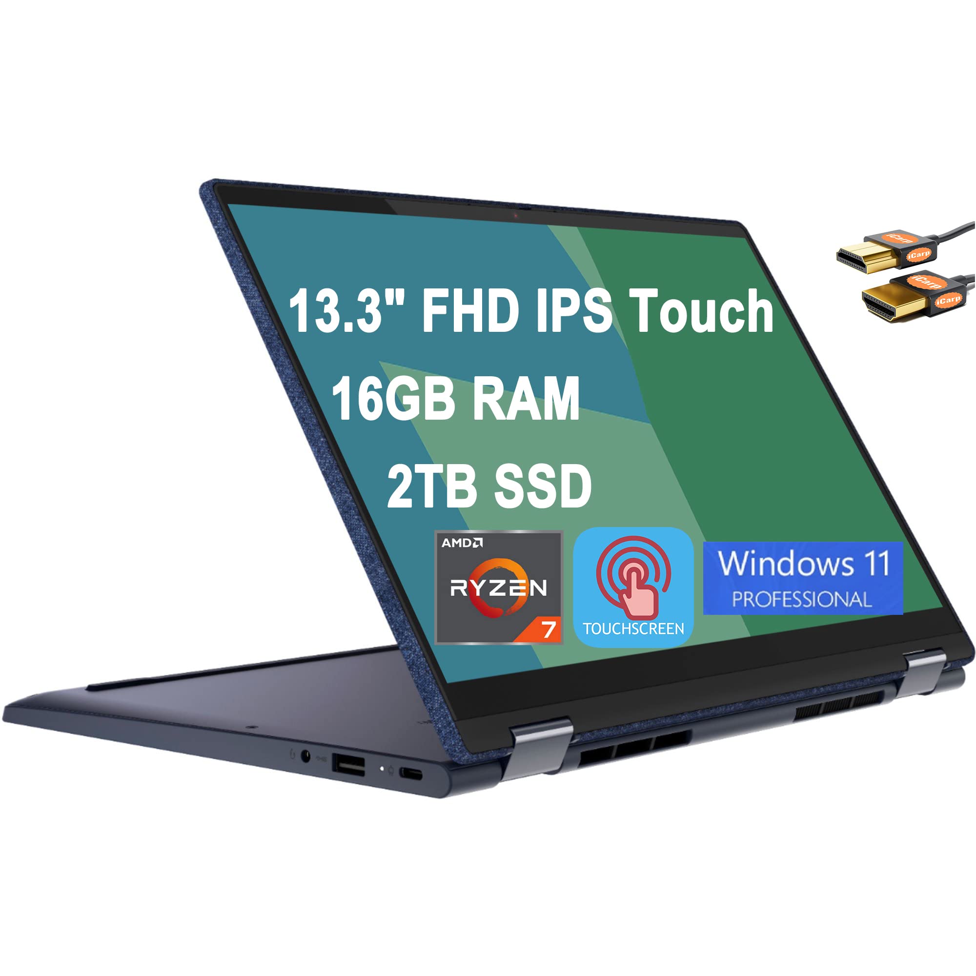 Lenovo Yoga 6 13 2-in-1 Business Laptop 13.3" FHD IPS Touchscreen (72% NTSC) AMD 8-Core Ryzen 7 5700U (Beats i7-10710U) 16GB RAM 2TB SSD Backlit Fingerprint Dolby Atmos Win11 Pro Blue + HDMI Cable