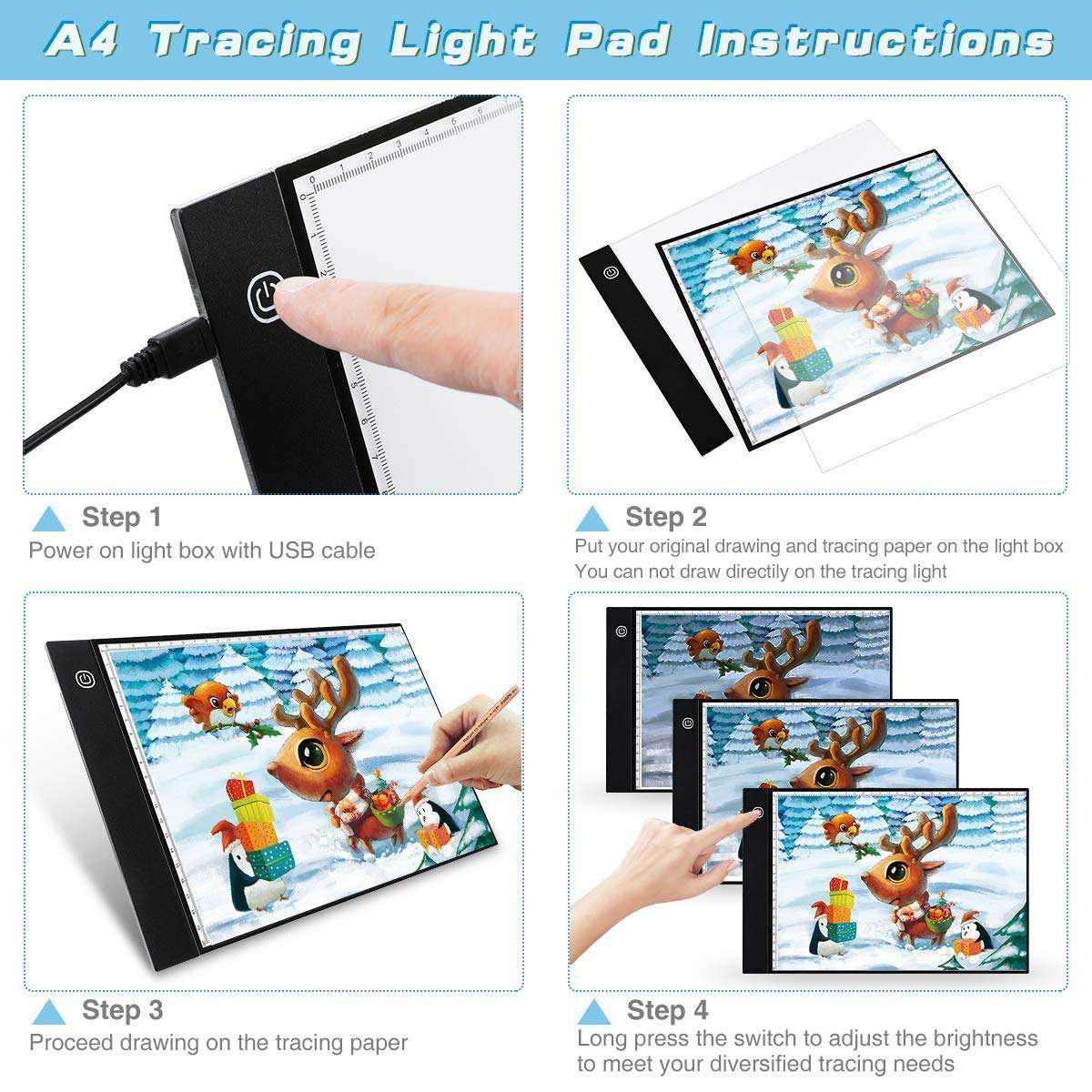 LED Tracing Light Box, KeepTpeeK A4 Light Box Light Table Light Panel Portable Light Pad Brightness Dimmable with USB Cable Paint Pad Great for Painting Sketching Animation Drawing 3