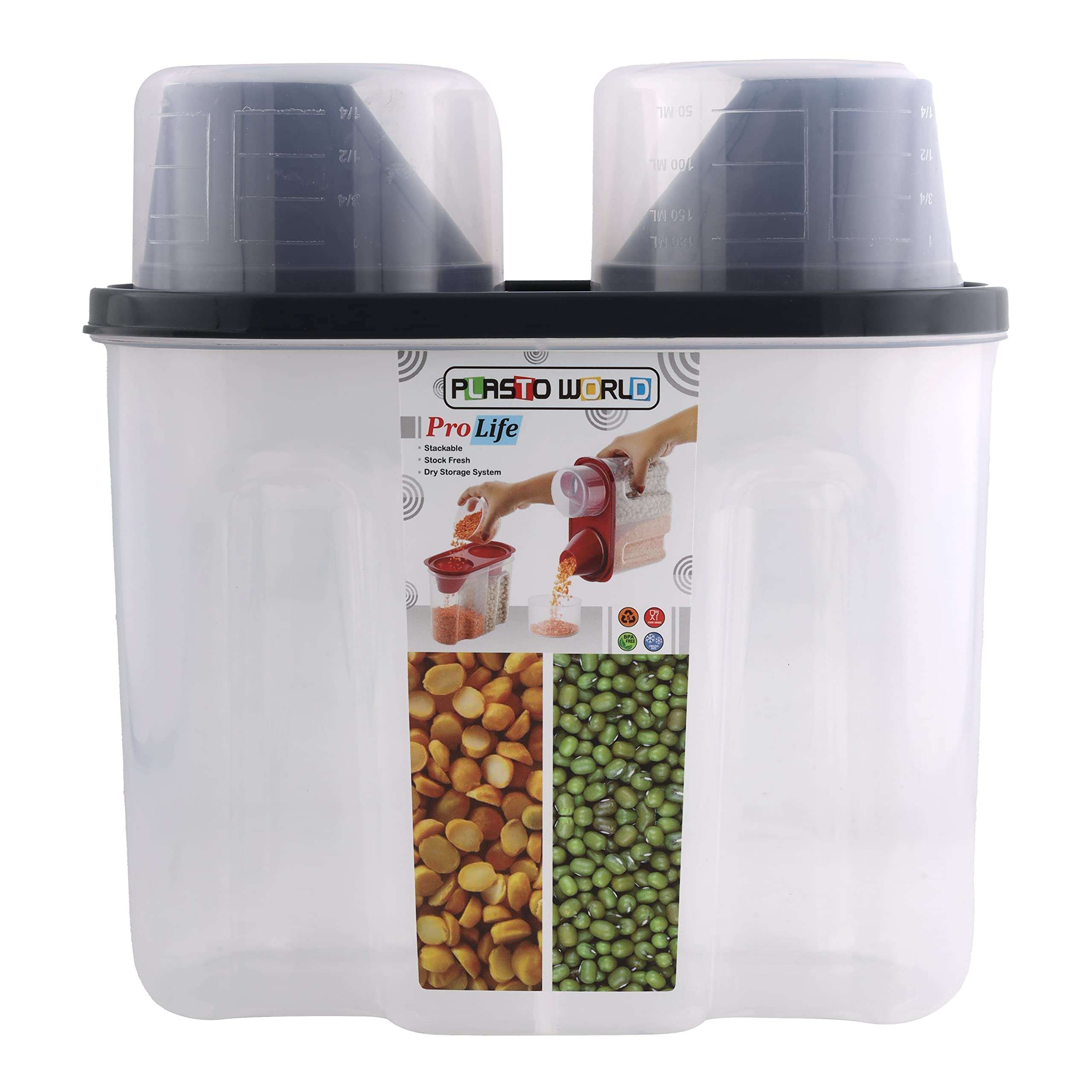 KASBA 2 in 1 Food Travel Small Space Airtight Containers for Kitchen, BPA-Free, Storage Plastic Jar for Dal/Rice/Pasta/Atta/with Lids, Measuring Cups (Brown) 1