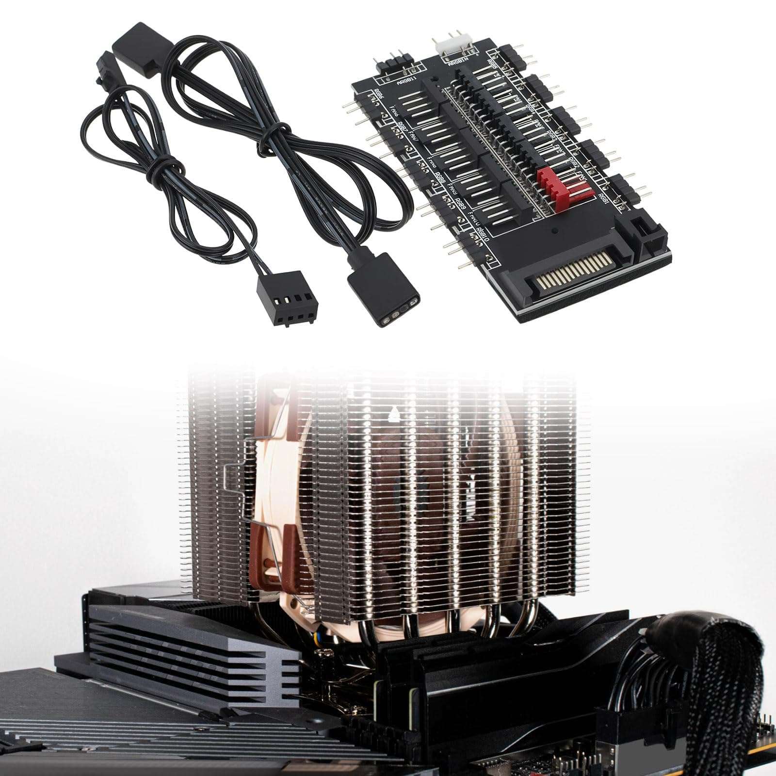 Micro Traders 2-in-1 Synchronous RGB Control Hub PWM 4pin and 5V 3pin ARGB GPU Fan Lighting Control with Sata Power Port Expansion Motherboard Interface 3