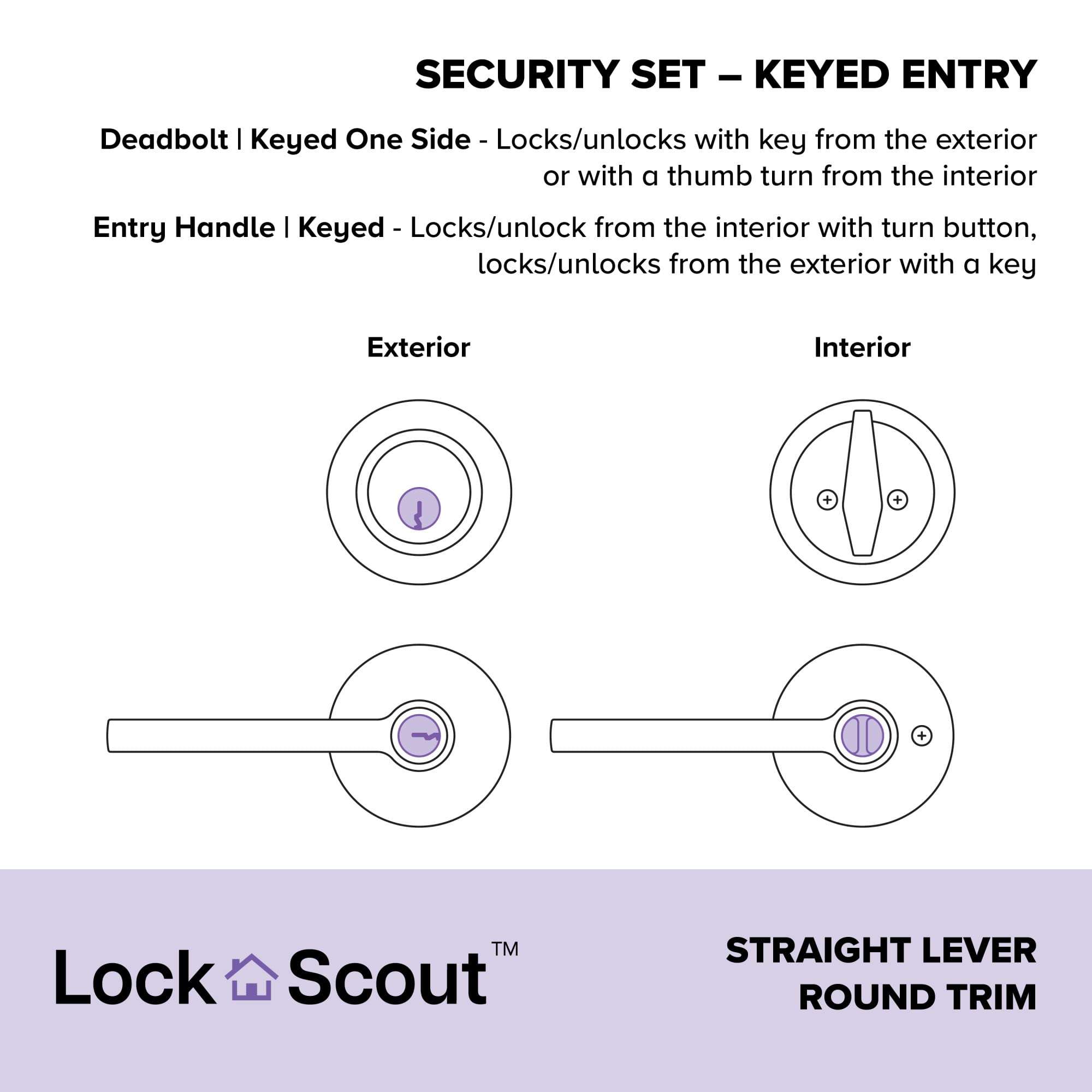 Lock Scout Straight Lever with Round Trim Keyed Entry Door Handle and Single Cylinder Deadbolt, Matte Black Finish 3