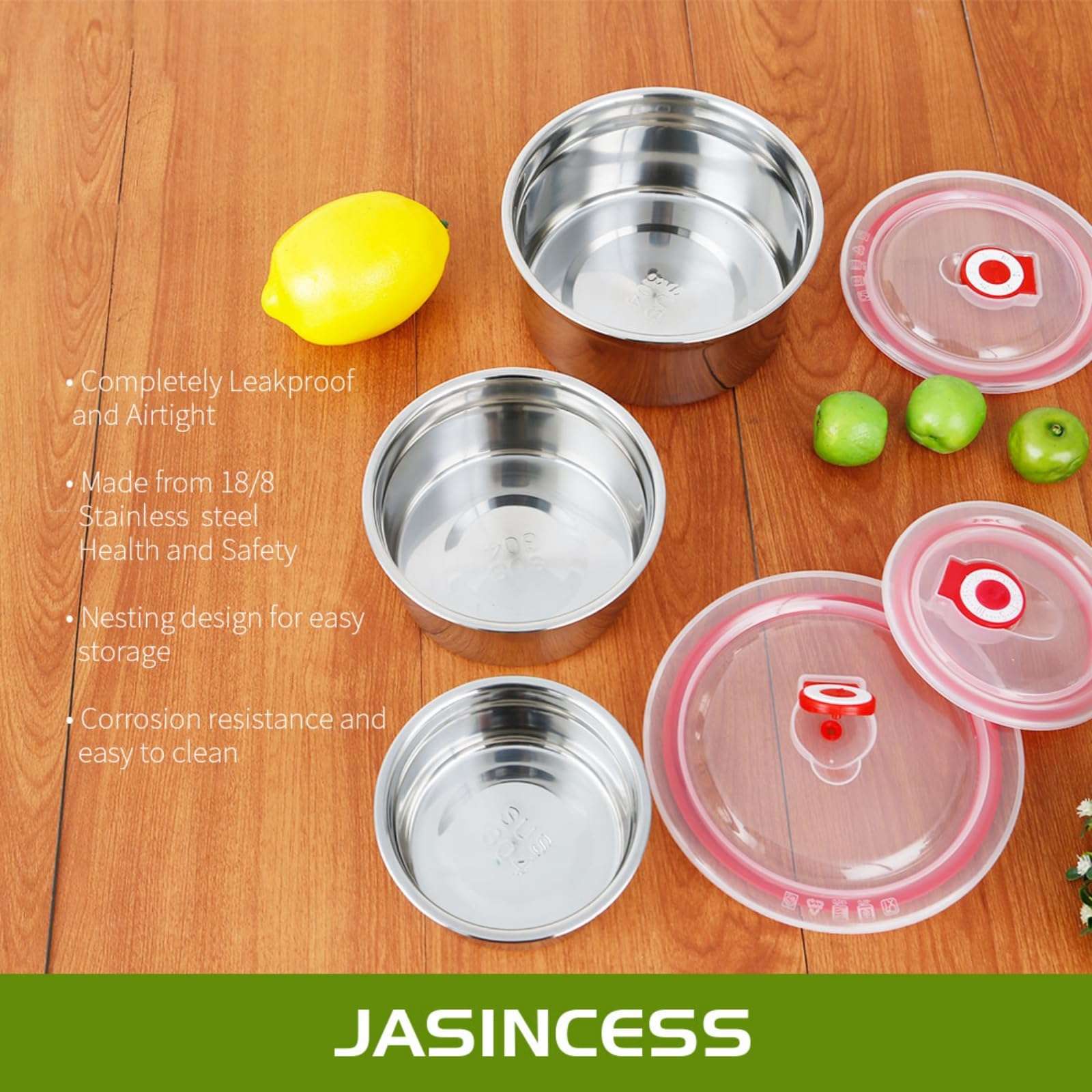 JASINCESS Stainless Steel Food Storage Containers - Set of 3 Reusable Silicone Lids and Storage Containers Suitable for lunch boxes pre-meal preparations snacks at home (Red) 3