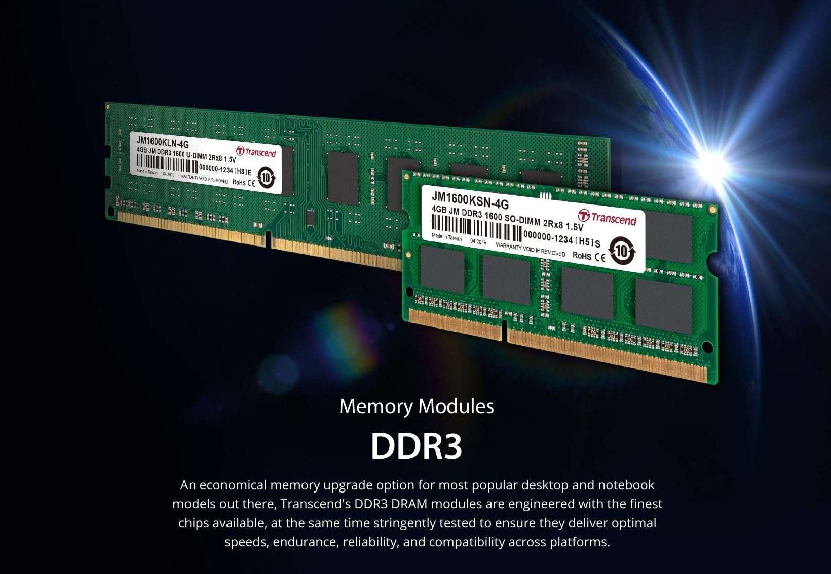 Transcend 8GB DDR3 1600 U-DIMM 2Rx8 1.5V, RAM, CL11, Non-ECC High Performance, Unbuffered, PC Desktop Memory Module - JM1600KLH-8G 2