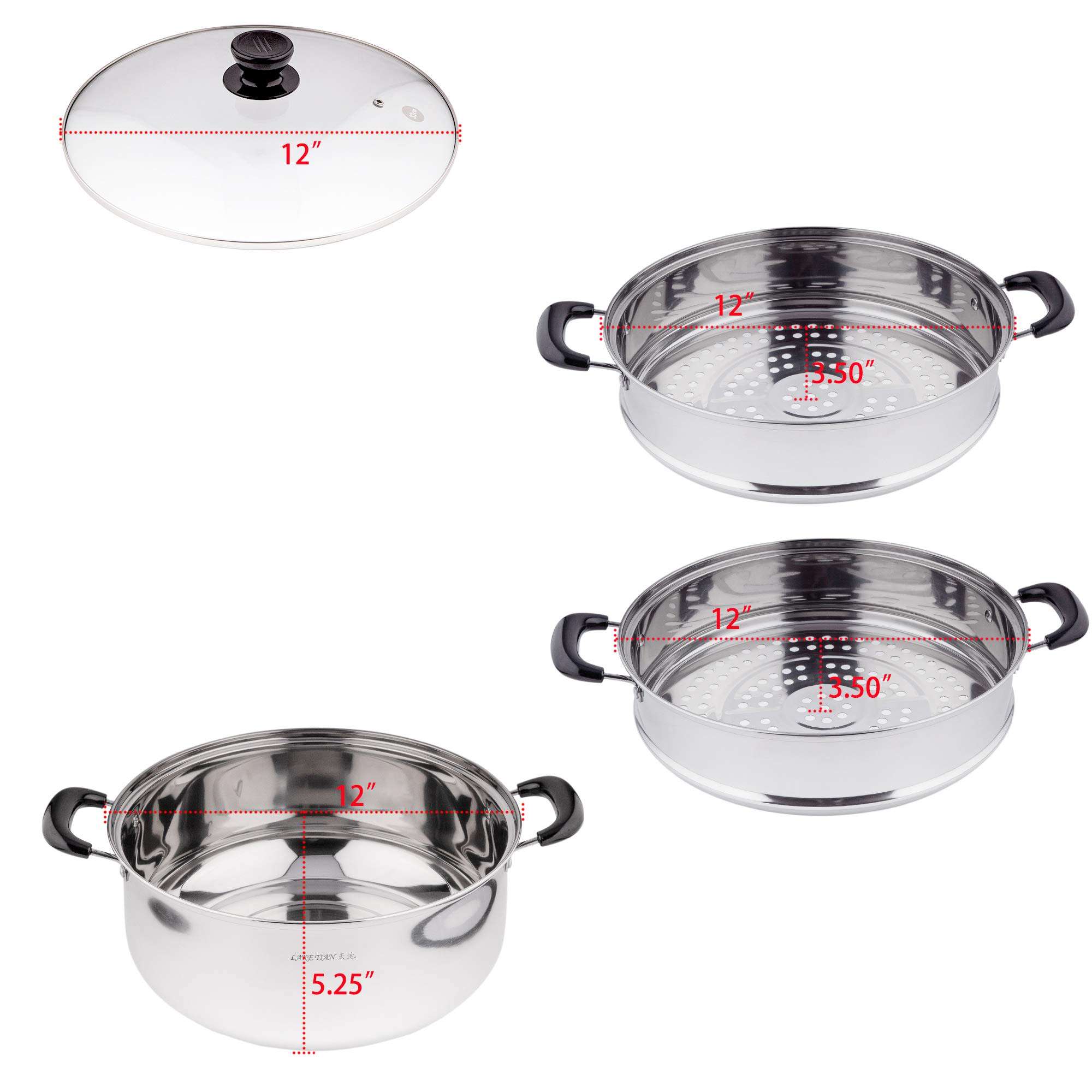 3 Tier Stainless Steel Steamer Pot For Cooking With Stackable Pan Insert, Food/Vegetable Steamer, Cookware Pot/Saucepan with Glass Lid, Multilayer By Lake Tian 30cm, 24 quart 2