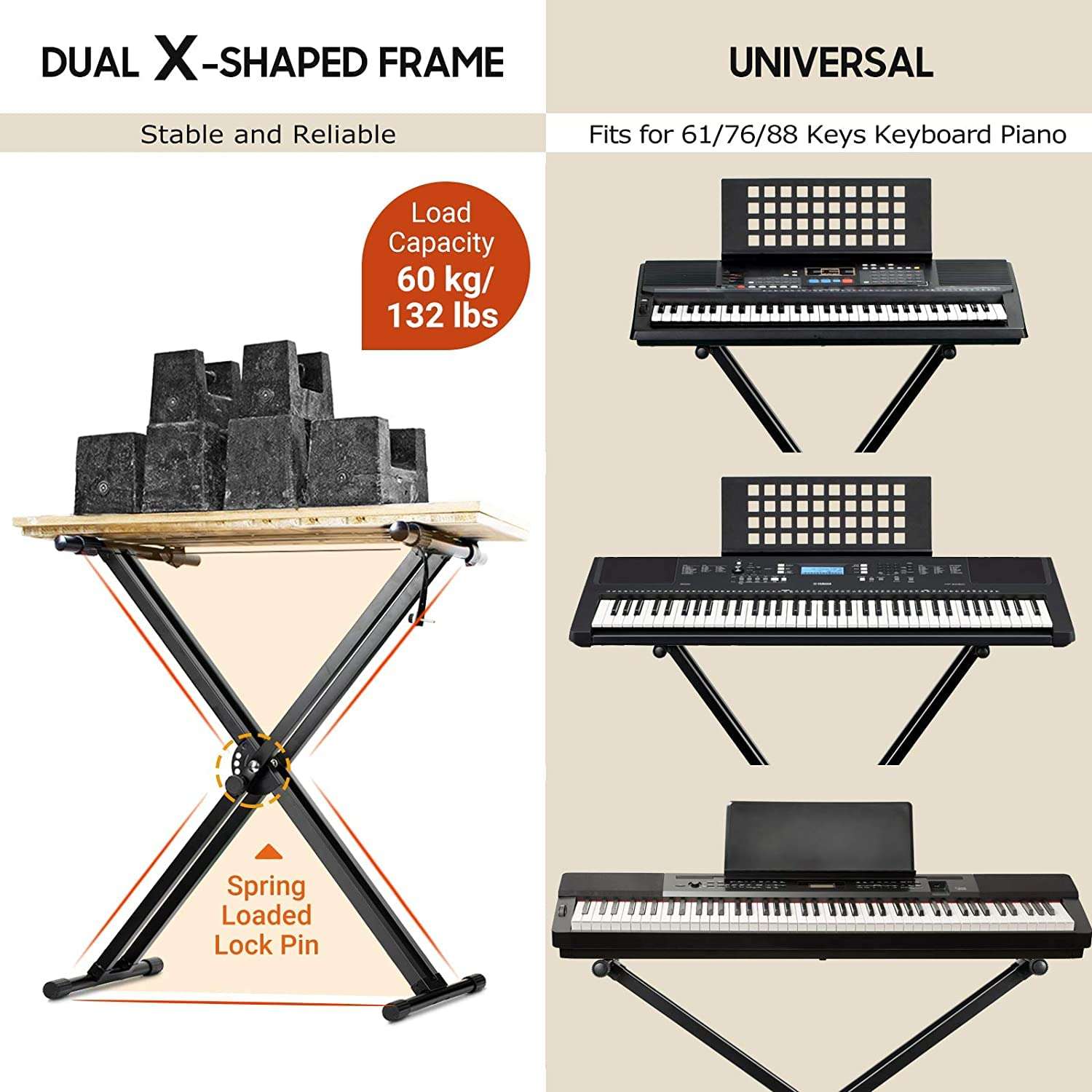 kh Adjustable Keyboard Stand Double Braced X Style Digital Piano Stand with Locking Straps for 61 76 88 Keys Double Braced Support Legs with Locking Strap 5