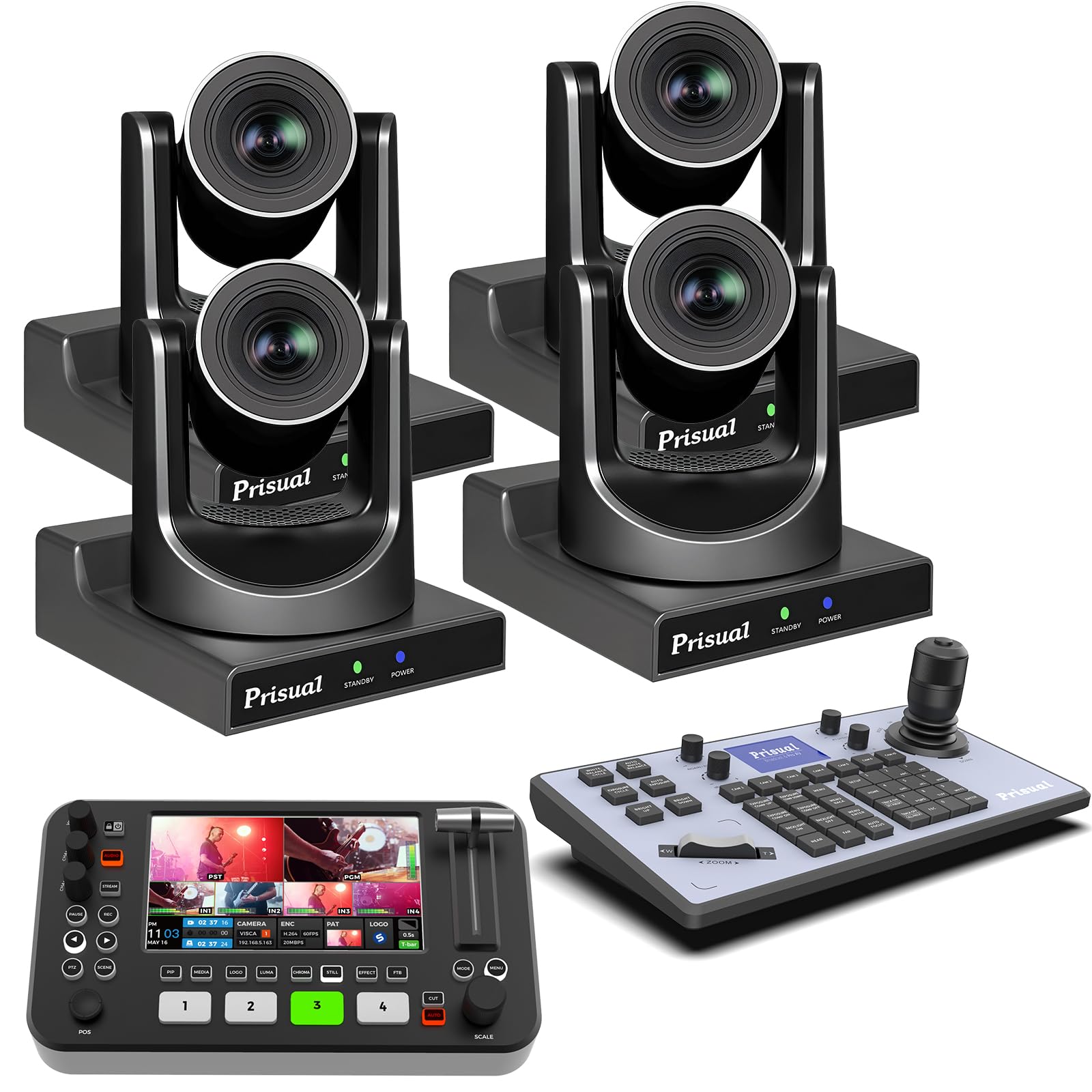 Prisual HDMI PTZ Camera Bundle 30X HDMI 3G-SDI IP PoE HDMI PTZ Camera for Church Live Streaming(4pcs) + R2 Pro Video Switcher + TEM-JOY1 PTZ Controller