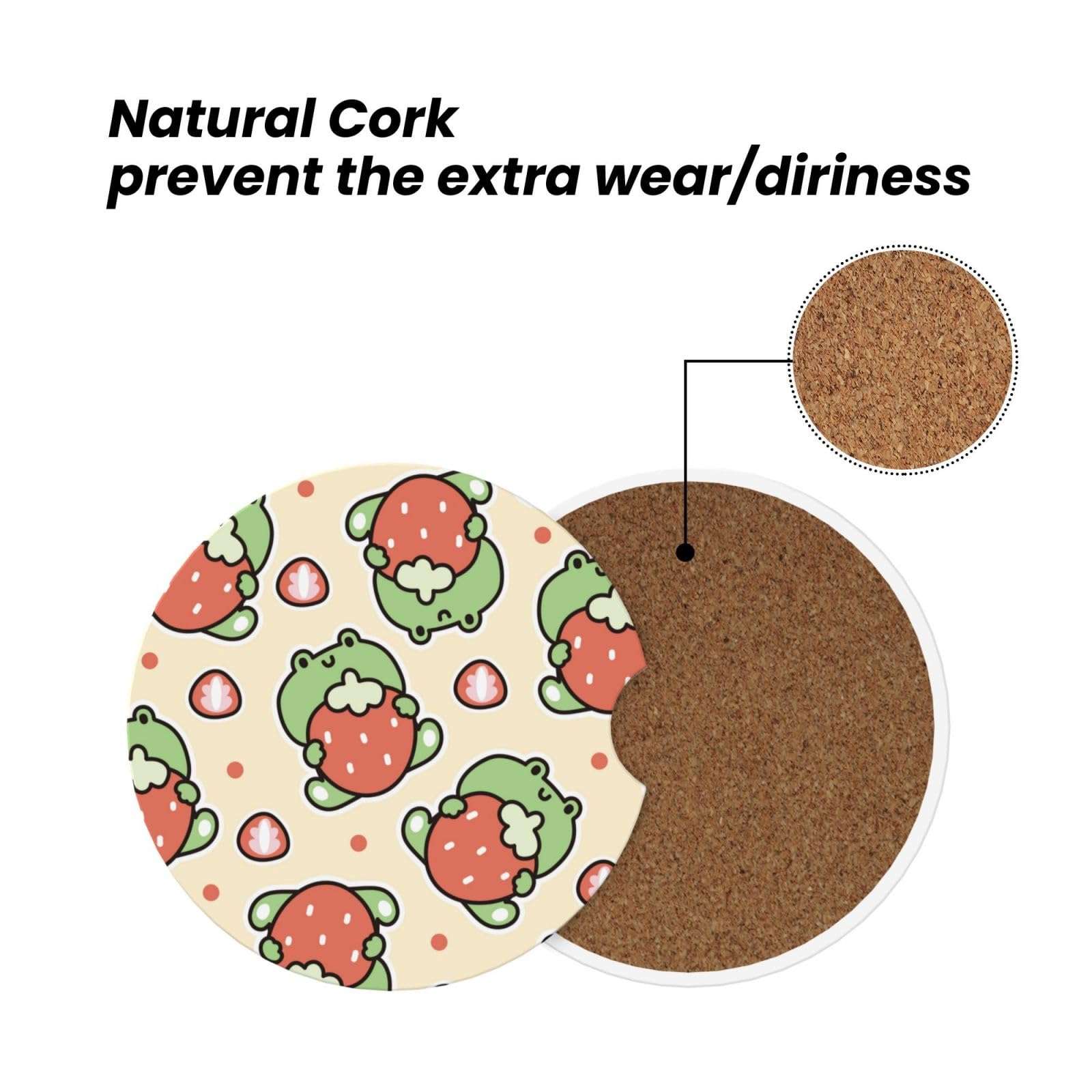 Xiso Ver Frog Hold Strawberry Car Cup Coasters 2 Pack Ceramic Cup Holders 2.56" Cork Base Drink Coasters with Finger Notch for Easy Move of Car Cup Holder 6