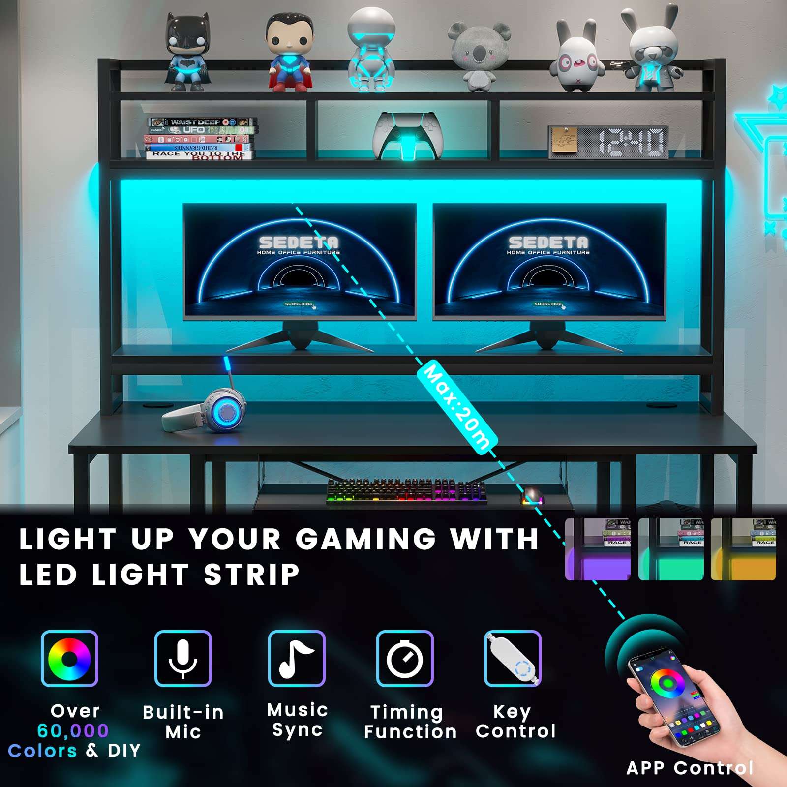 SEDETA Gaming Computer Desk , 55" Desk with LED Lights and Hutch , Storage Shelves , Keyboard Tray & Monitor Stand , Home Office Gamer PC Table , Black 4