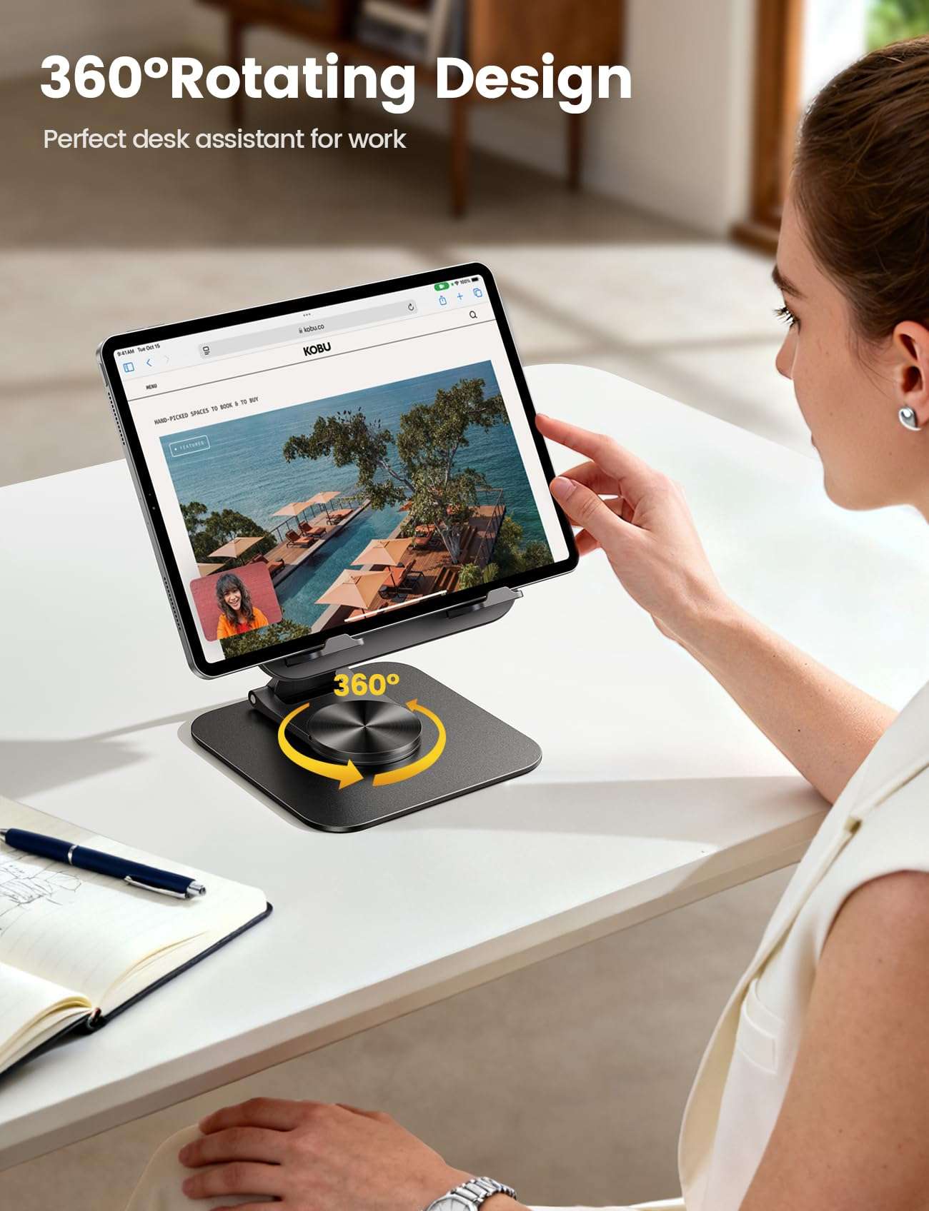 Lamicall Adjustable iPad Stand for Desk - [Ultra-Slim Foldable][360°Rotation] Tablet Stand with Heavy-Duty Base, Tablet Holder Gifts for 4.7-13" Devices, 2025 iPad Pro Air Mini, Kindle, iPhone 17 Pro 3