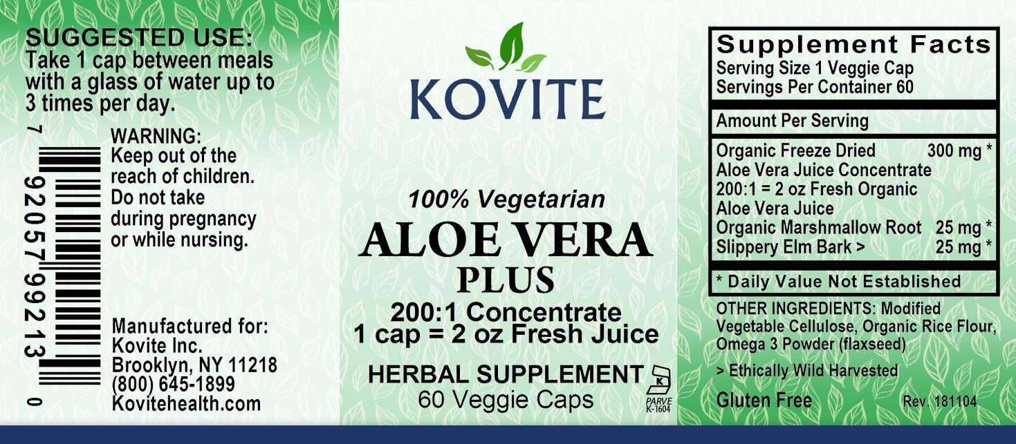 Kovite Aloe Vera Plus - 60 Veggie Caps - Kosher 200:1 Extract. Kosher Organic Dried Aloe Vera Gel, Marshmallow Root, Slippery Elm 5