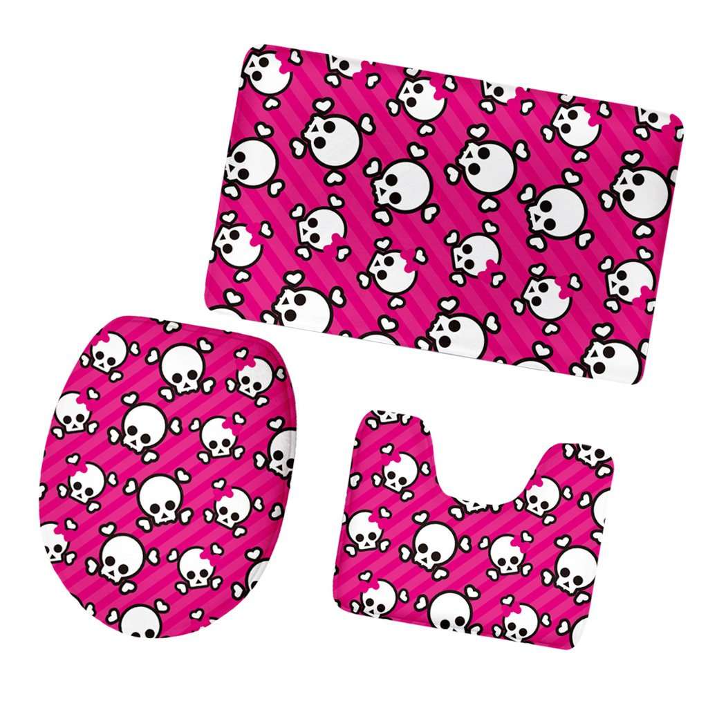 Whitleys Set of 3PCS Home Bathroom Toilet Table Kitchen Use Skull Pattern Design Toilet Covers Non-Slip Bathmat Carpet Rug #4 2