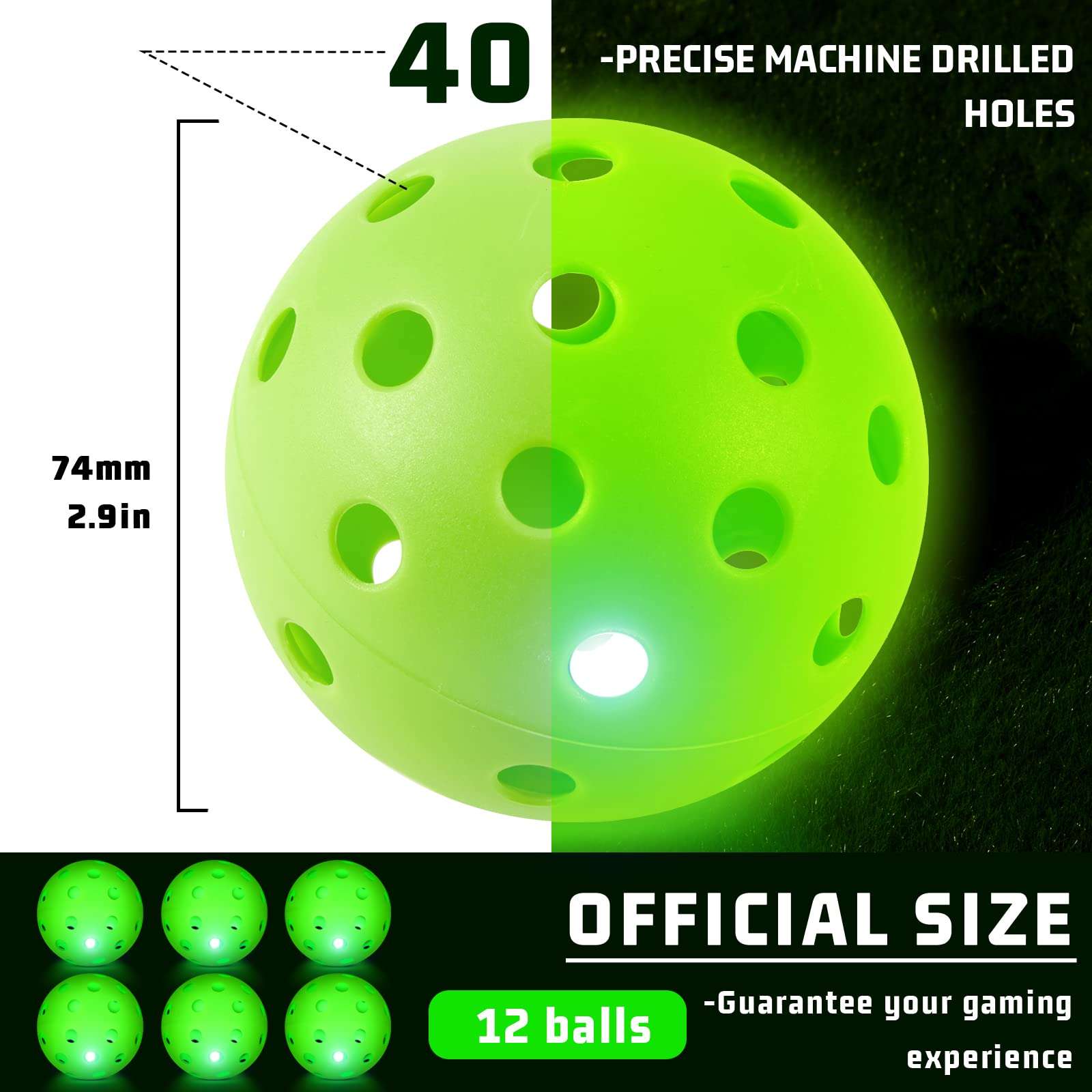 Chitidr 12 Pieces LED Light Up Plastic Practice Baseballs Plastic Hollow Balls Glow Lightweight Training Balls Green Glow Ball for Training Hitting Baseball Batting, Batteries Included 3