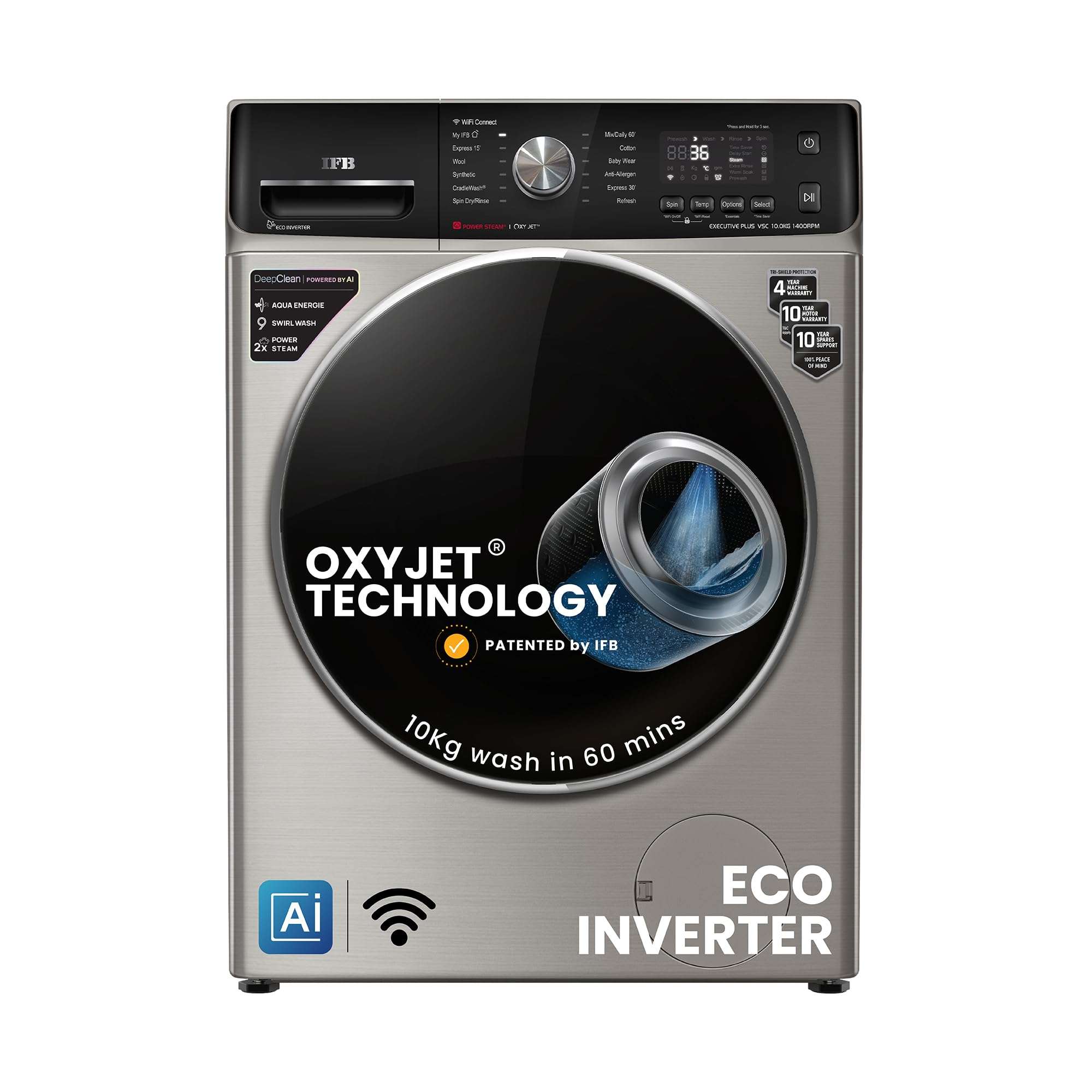 IFB 10Kg 5 Star with Deep Clean Oxyjet Technology, AI Powered, Fully Automatic Front Load Washing Machine (EXECUTIVE PLUS VSC 1014, Steam Refresh Program, Wi-Fi, Eco Inverter, SUS VCM)