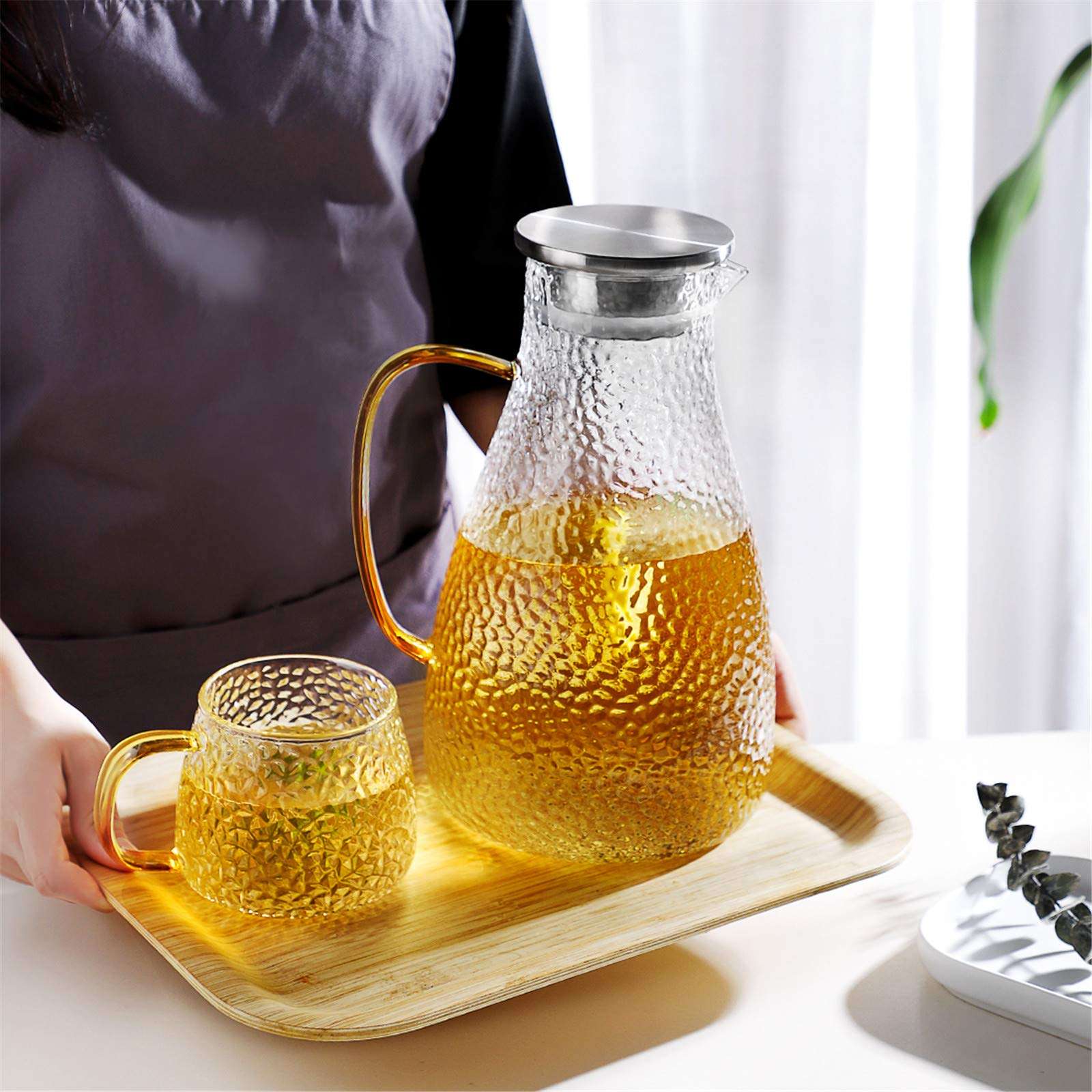 85 Ounces Glass Pitcher, ONEISALL Water Carafe with Filter Lid and Drip-free Spout, Thicker Heat Resistance Beverage Carafe for Hot/Cold drinks & Iced Tea, Durable, Cleaning Brush Included 2