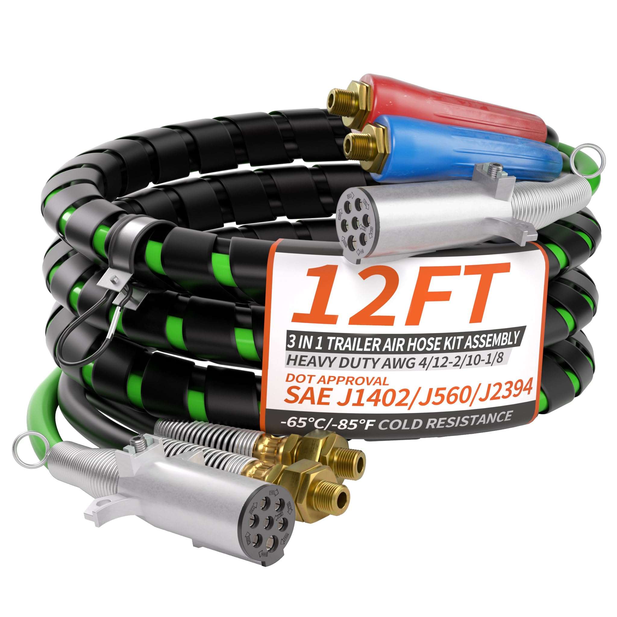 PlugSaf 12FT 3 in 1 Trailer Air Line Hose Kit Assembly with 7 Way ABS Electrical Power Cable Airline Hose Wrap for Semi Trucks Trailer Tractor 1