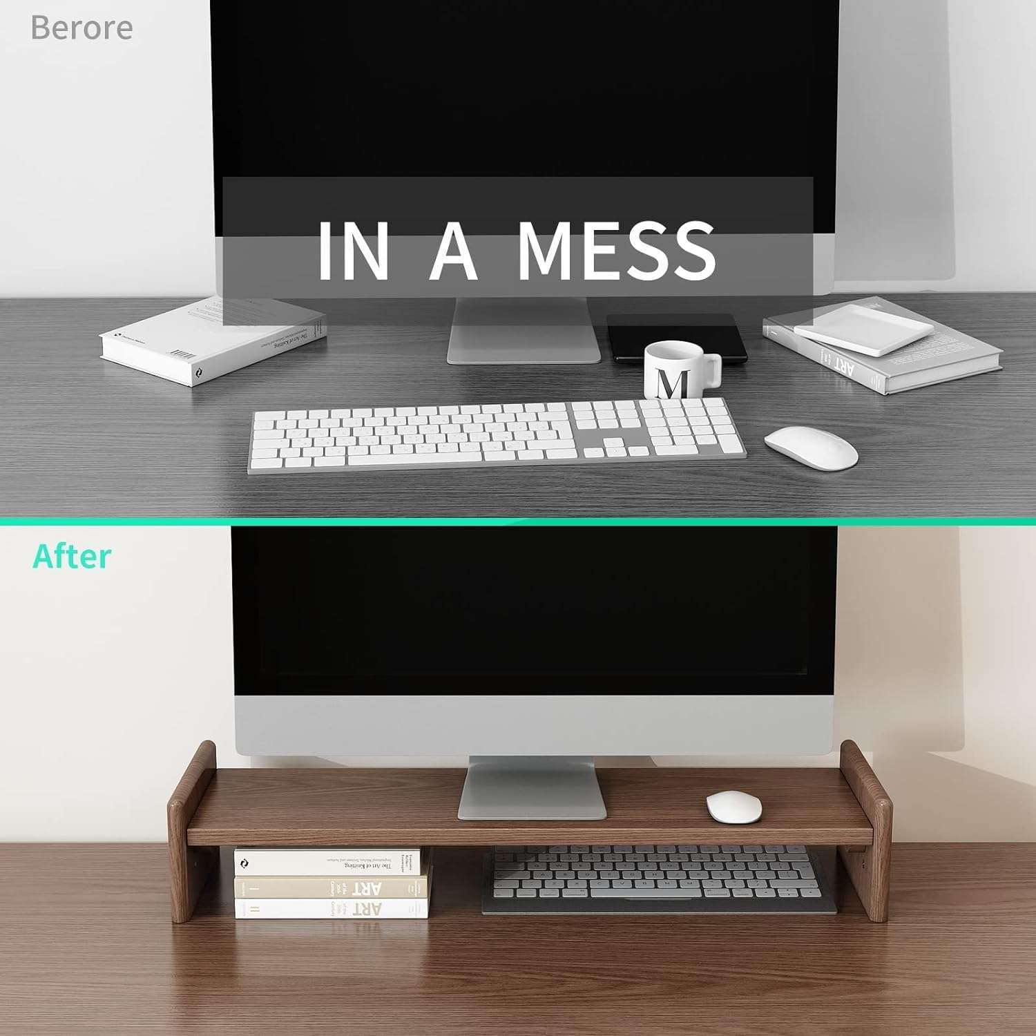 carpentray Wooden Computer Long Monitor Stand, Monitor Riser Desk Shelf Desktop Legs Stand TV Laptop Riser with Keyboard Storage Desk (63cm) 4