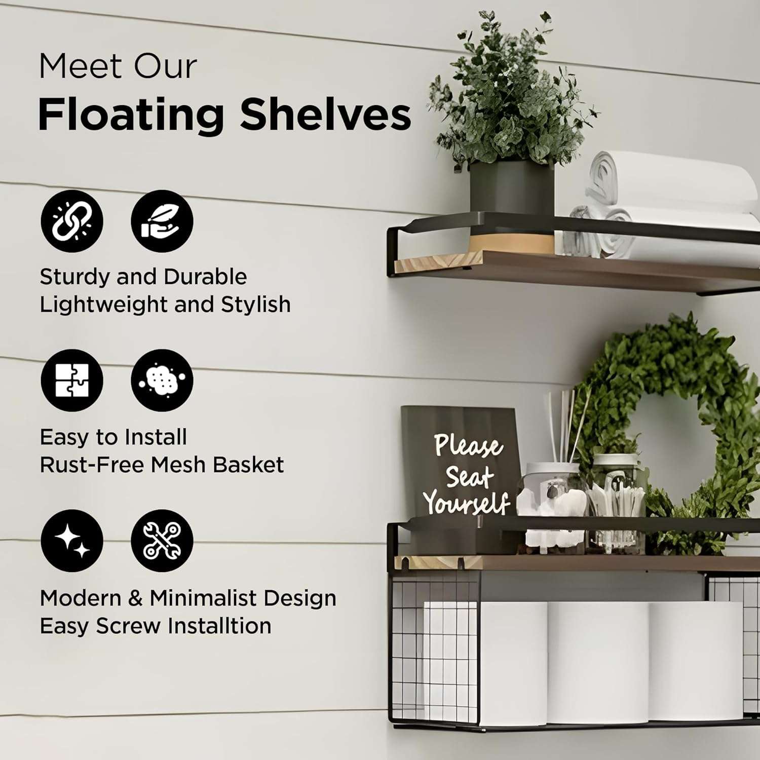 Kuber Industries Floating Shelves (2pcs) with One Wire Storage Basket | Wooden Floating Wall Shelf| Wall Mount| Wall Rack| Wall Bracket for Home and Office Decor | Big Mounted Cabinets | BW0388 4