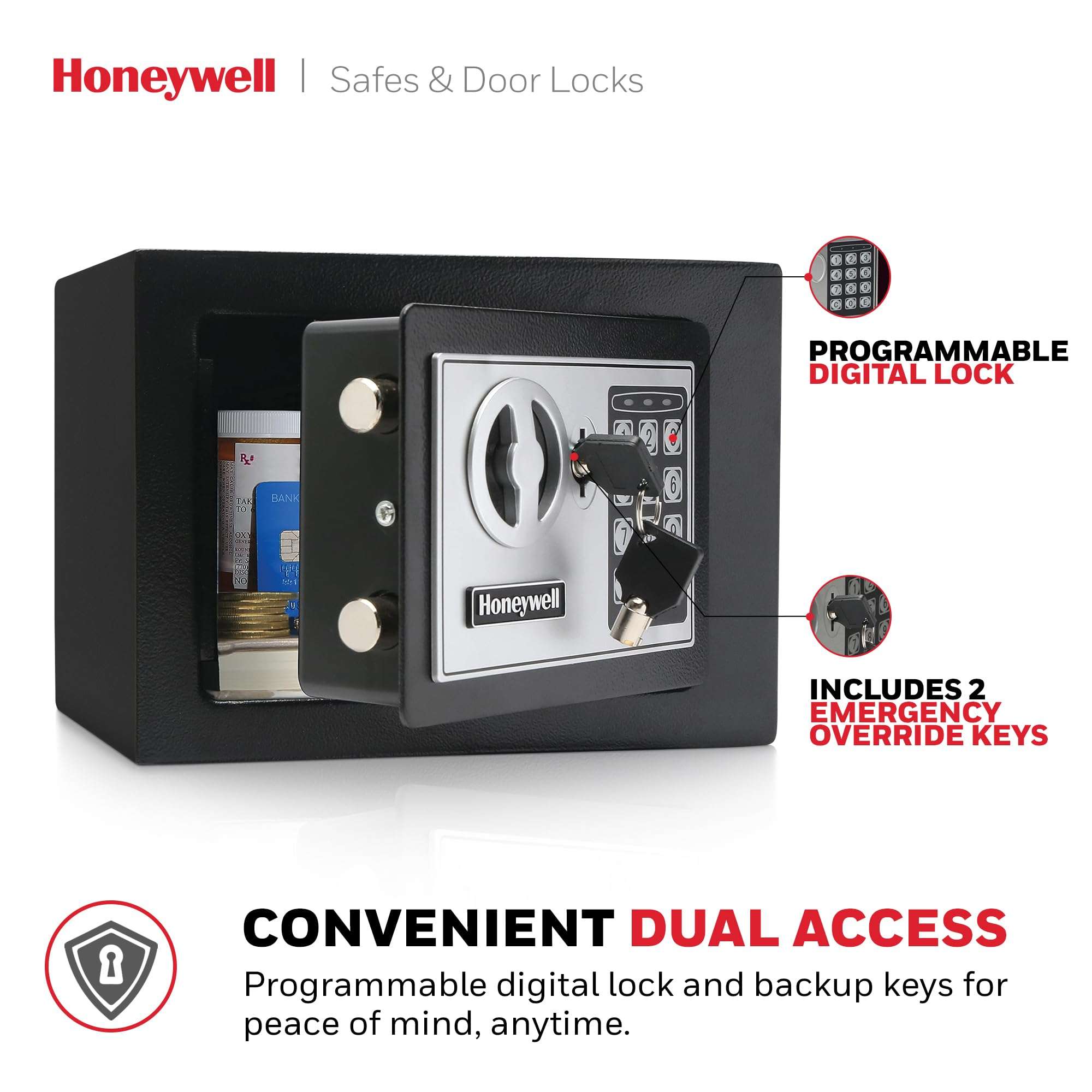 Honeywell Safes & Door Locks - Bolt Down Small Safe Box with Digital Lock for Home - Steel Security Electronic Lock Box - Cabinet & Door Design Safe with 2 Keys - 0.17-Cubic Feet - Black - 5005 4