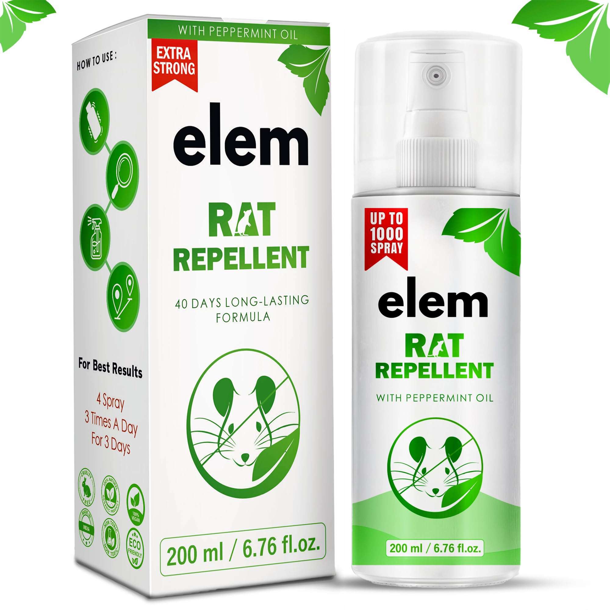 Elem™ Rat Repellent for Car 200ml| 100% Natural | Made of Peppermint, Eucalyptus & Thyme Oils | | Keep Away Rats |Rat Repellent for Home| Car Rat Protection |Safe for Kids & Adults |Pack of 1