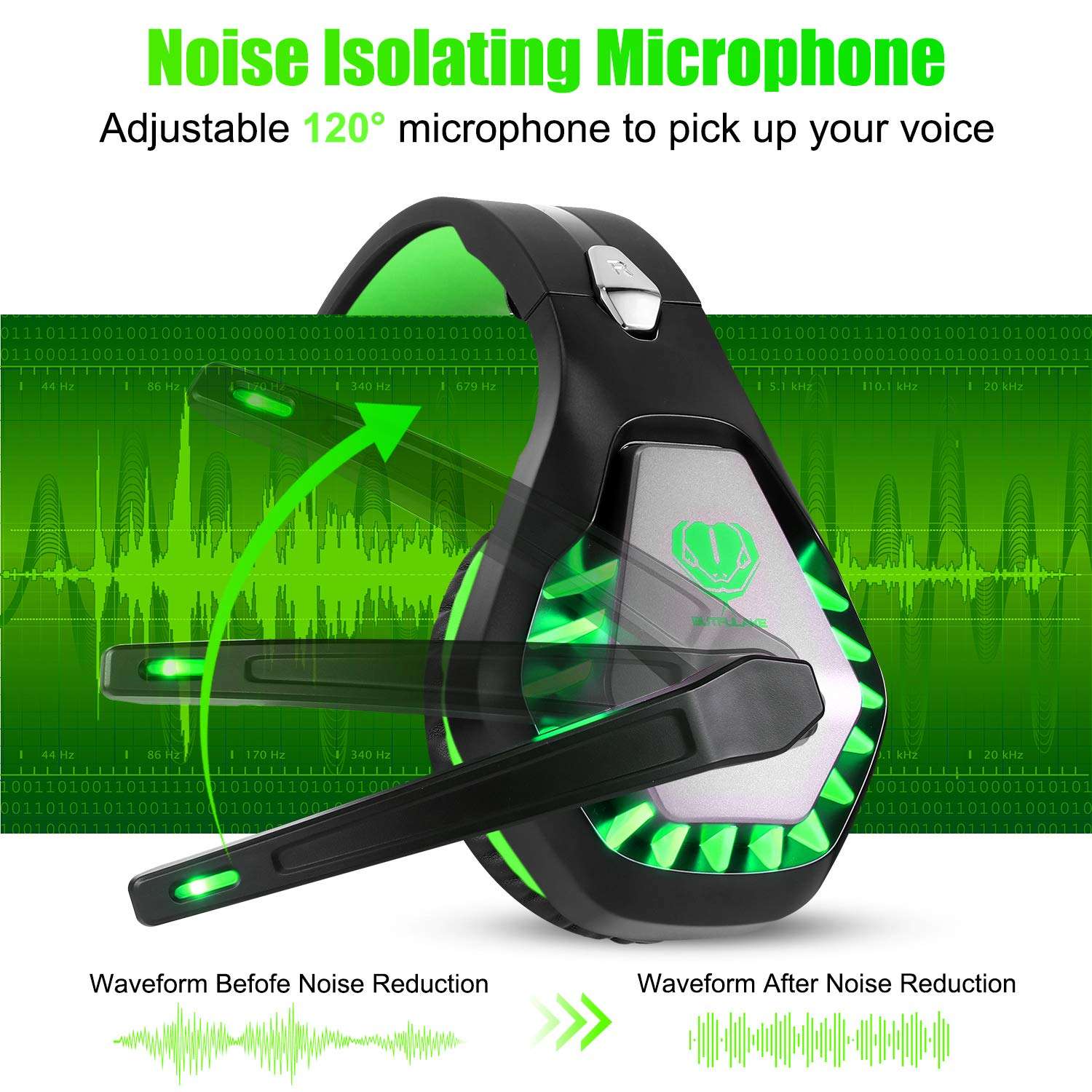 DIWUER Stereo Gaming Headset for Nintendo Switch, PS4, Xbox One with Noise Cancelling Mic, Soft Earmuffs Surround Sound Over Ear Headphones with LED Light for PC (Green) 3