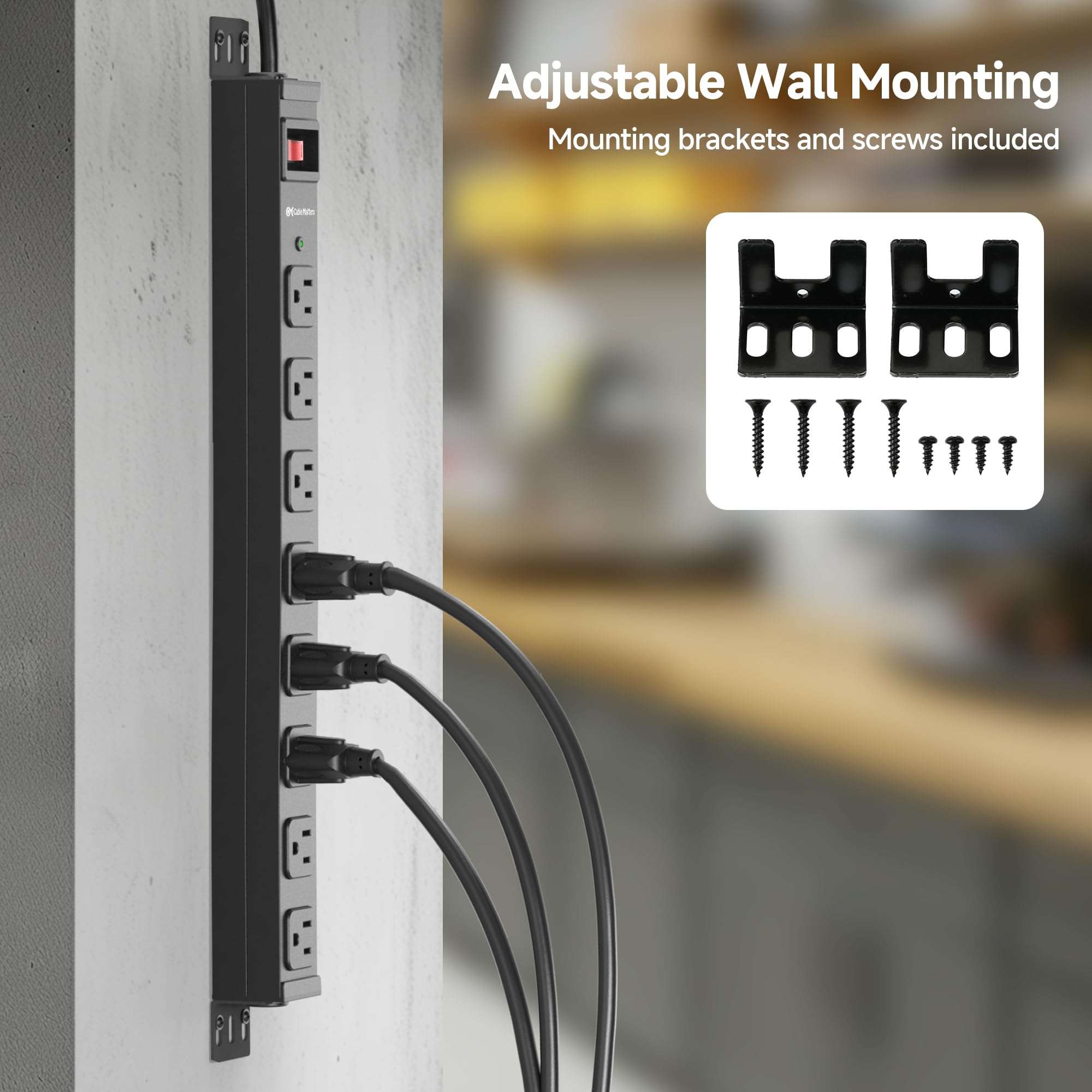 [ETL Certified] Cable Matters Wall-Mountable 8 Outlet Power Strip - 8ft Cord, Metal, 2100J Surge Protector with 15A Circuit Breaker, Industrial Power Strip Surge Protector for Garage, Workshop, Black 6