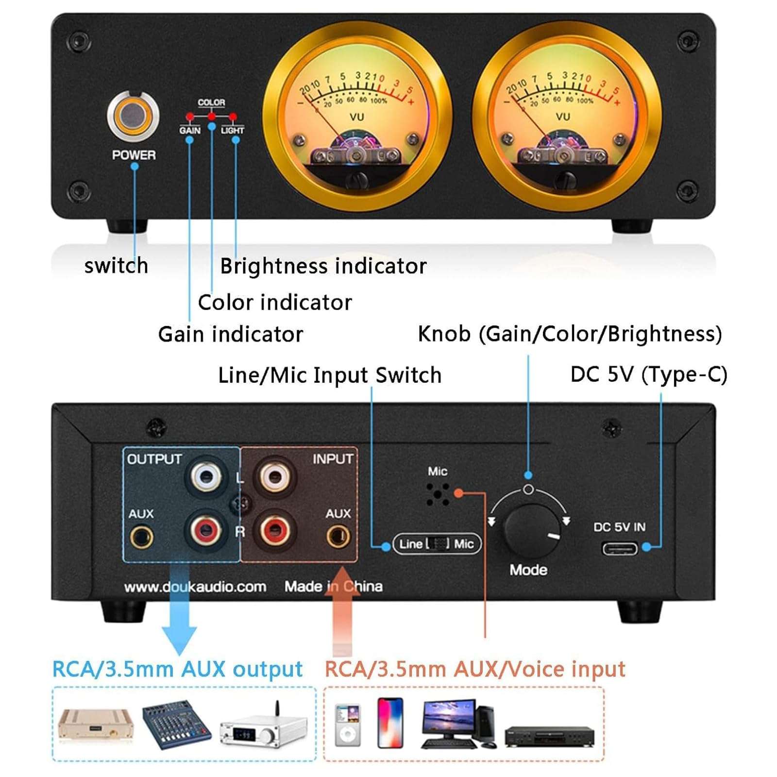 IEVEDIVB Dual Analogue VU Meter, Audio Switch Box with DB Panel Display, RGB Sound Level Display, Multiple Colours/Brightness/Amplification Can Be Adjusted Freely, for Home Cinema 6