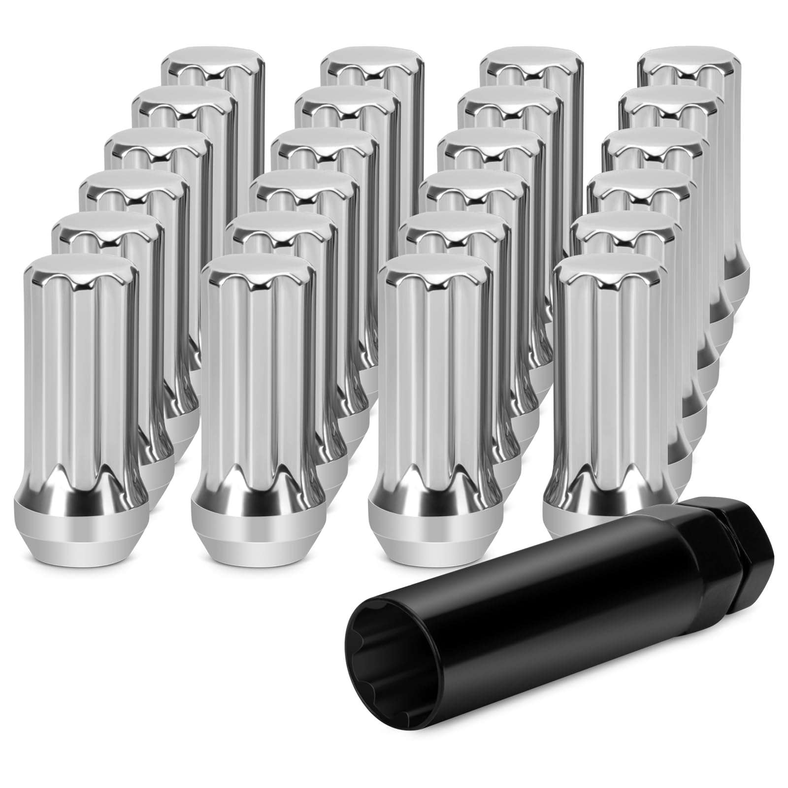 Dynofit 14x1.5 Chrome Lug Nuts Set, 24pcs 7 Spline Drive Wheel Nut for Silverado Sierra Ram 1500 F150, Silver Steel Aftermarket Lugnuts with 1 Socket Key Compatible With Ford Chevy GMC 6 Lug Wheel Rim 1