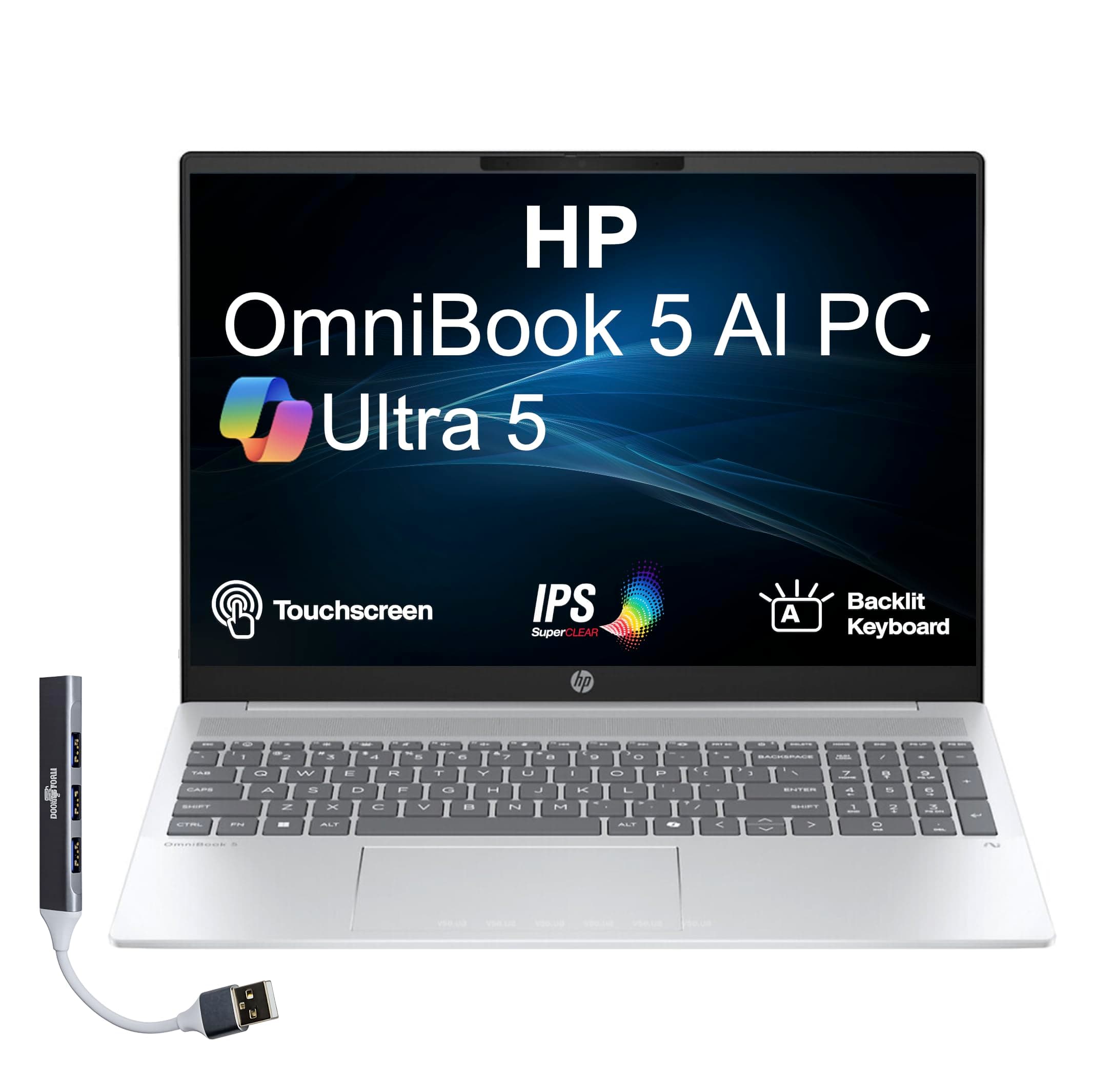 HP OmniBook 5 Next Gen AI Laptop 16.0" Touchscreen 2K IPS Display (Intel Ultra 5-225U, 16GB LPDDR5X, 1TB PCIe SSD, Backlit KB, Copilot+, Webcam, Win 11 Pro) w/Dockztorm USB Port Expander 1