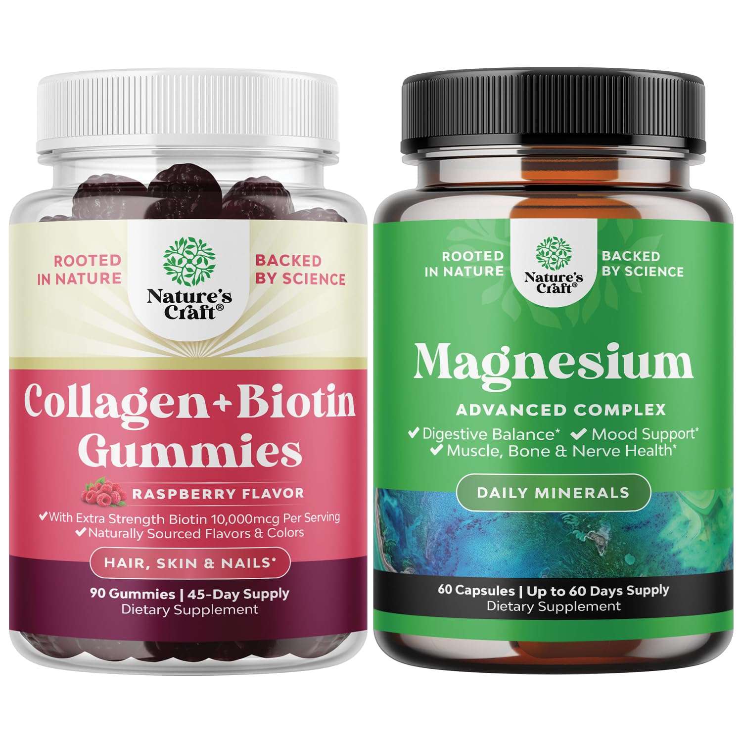 Bundle of Hair Skin and Nails Gummies for Women - Extra Strength Biotin and Collagen Gummies for Women Hair Skin Nails Support and High Absorption Magnesium Complex Supplement for Sleep Stomach Digest 1