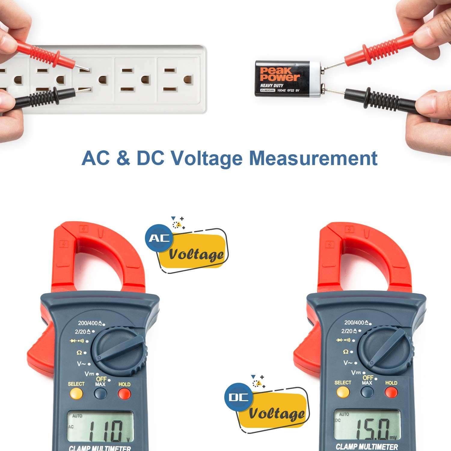 AstroAI Digital Clamp Meter 2000 Counts + AstroAI 8Pcs Multimeter Test Leads Set with Alligator Clips 6