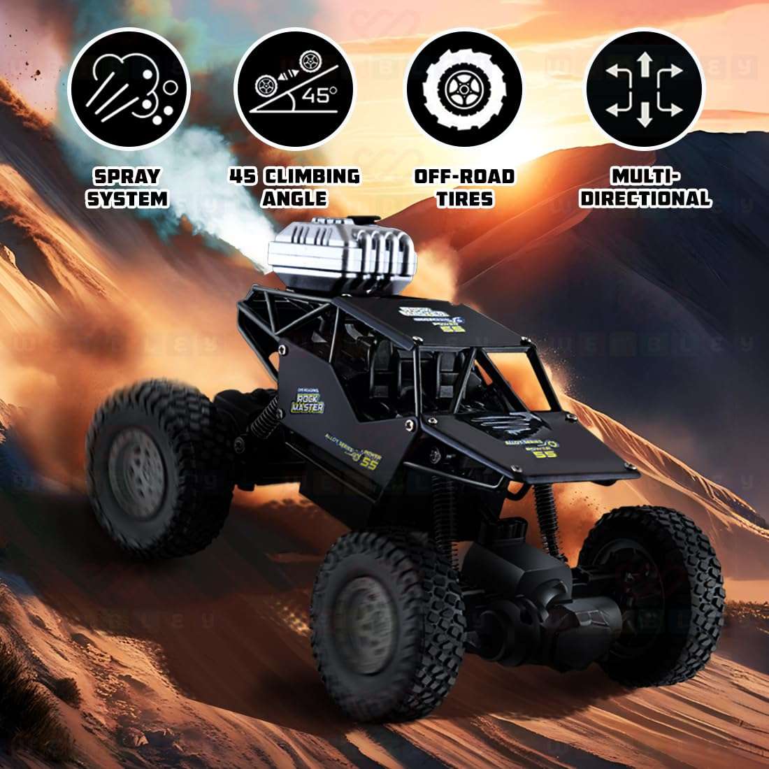 Wembley Rechargeable Remote Control Monster Truck RC Car Big Size Off Road 2WD Rock Crawler Battery Water Mist Spray and High-Speed Racing Toy for Boys (Black), 5 Years And Above 5