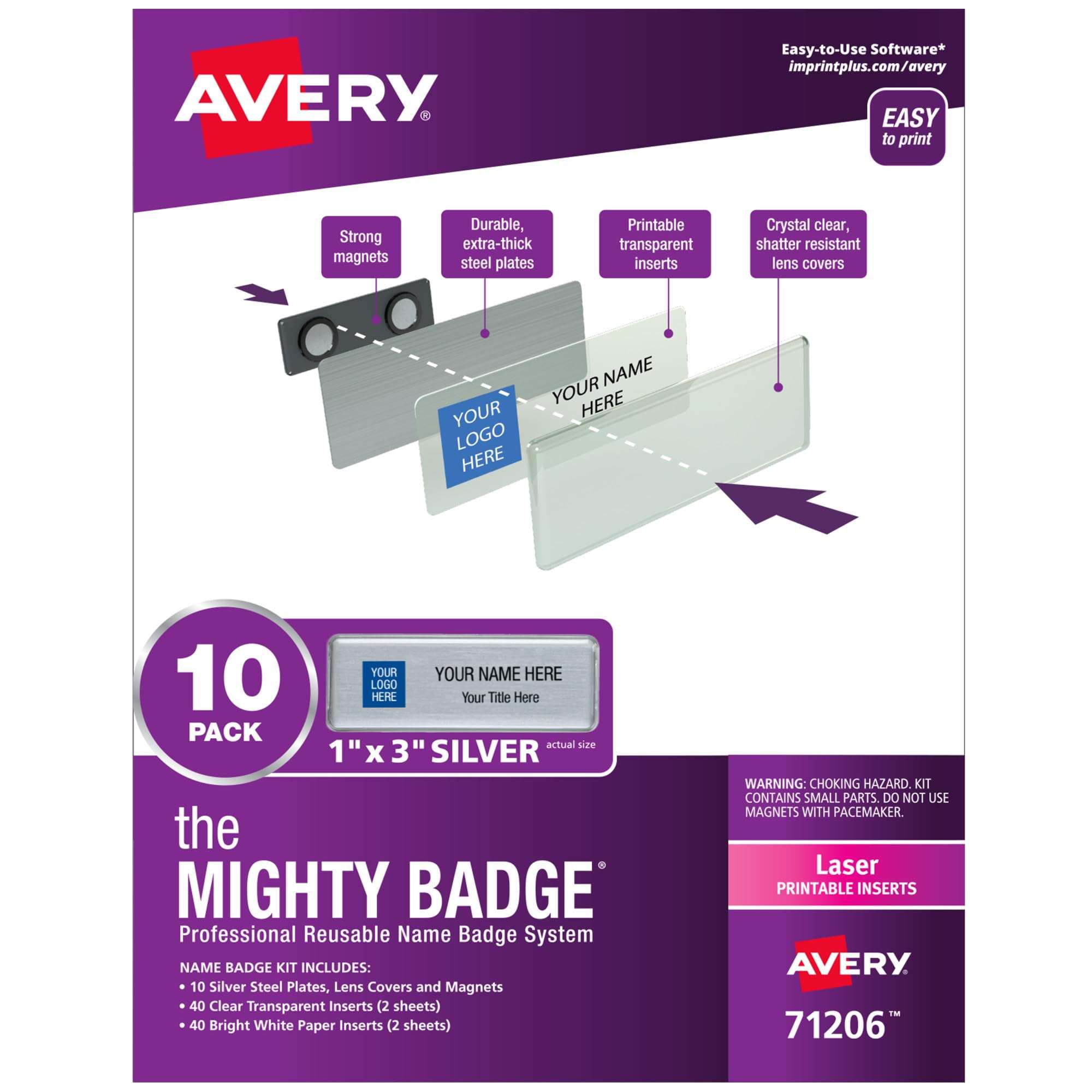 The Mighty Badge by Avery, 1" x 3" Silver Name Tags, 10 ID Badges, 80 Inserts for Laser Printers (71206) 1