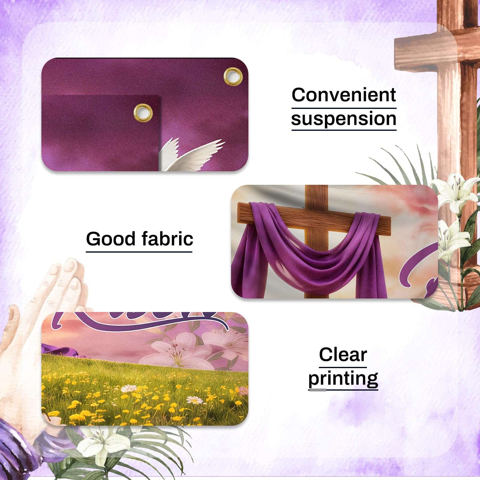 7x5ft Easter Backdrop He is Risen - Christian Religious Photography Background for Church, Sunday School, Easter Photo Booth Decor with Cross, Lilies and Dove 4