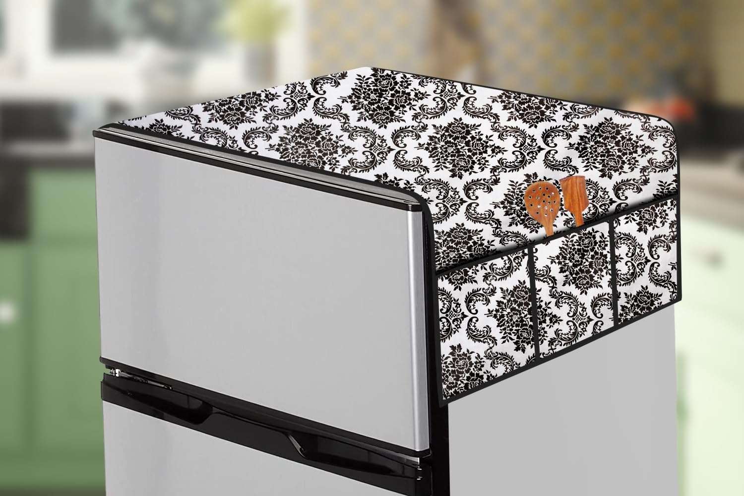 The Furnishing Tree Fridge Top Cover Compatible for Whirlpool 215 VMPRO, 192 LTR WxL 65x111 in CM Damask Pattern offwhite 1