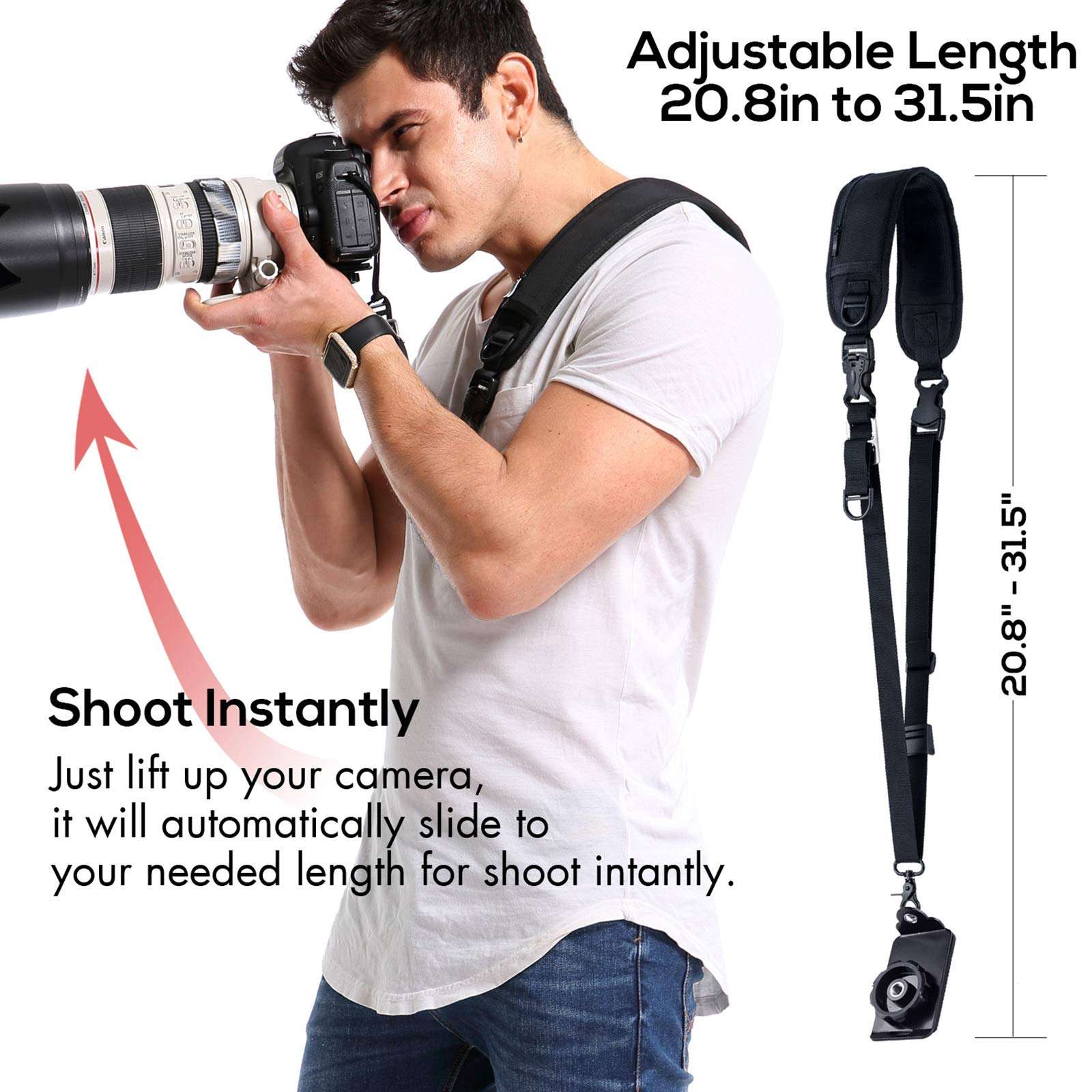Waka Rapid Camera Neck Strap with Quick Release and Safety Tether, Adjustable Shoulder Sling Strap for Nikon Canon Sony Olympus DSLR - Black 6