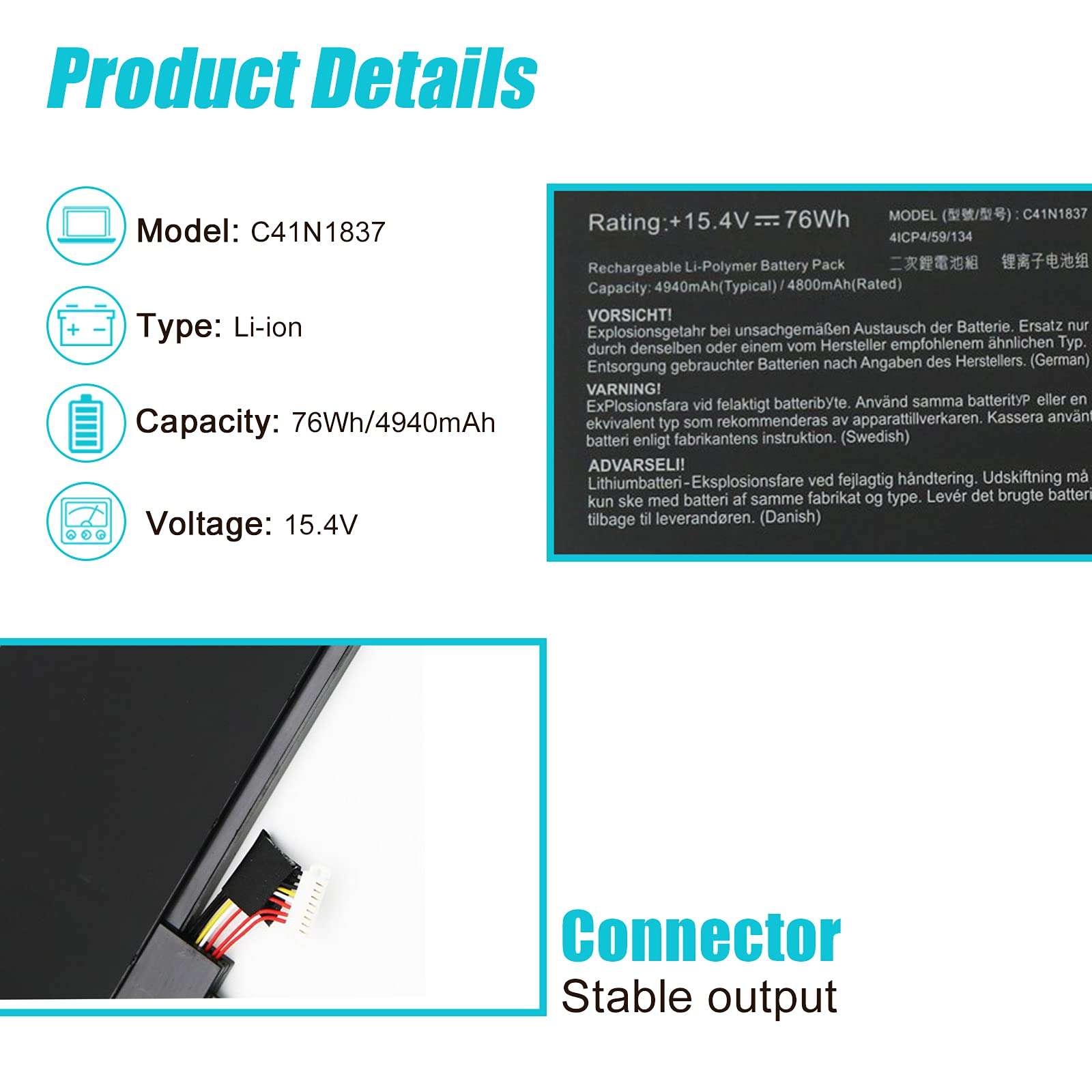 TsuLin C41N1837 Laptop Battery Compatible with ASUS ROG Zephyrus GA502DU GA502GU GU502GU GU502DU GU502GV GU532GU GX502GW GX532GV GU532GV GX502GV GX532GW Series 0B200-03380100 15.4V 76Wh 4940mAh 2