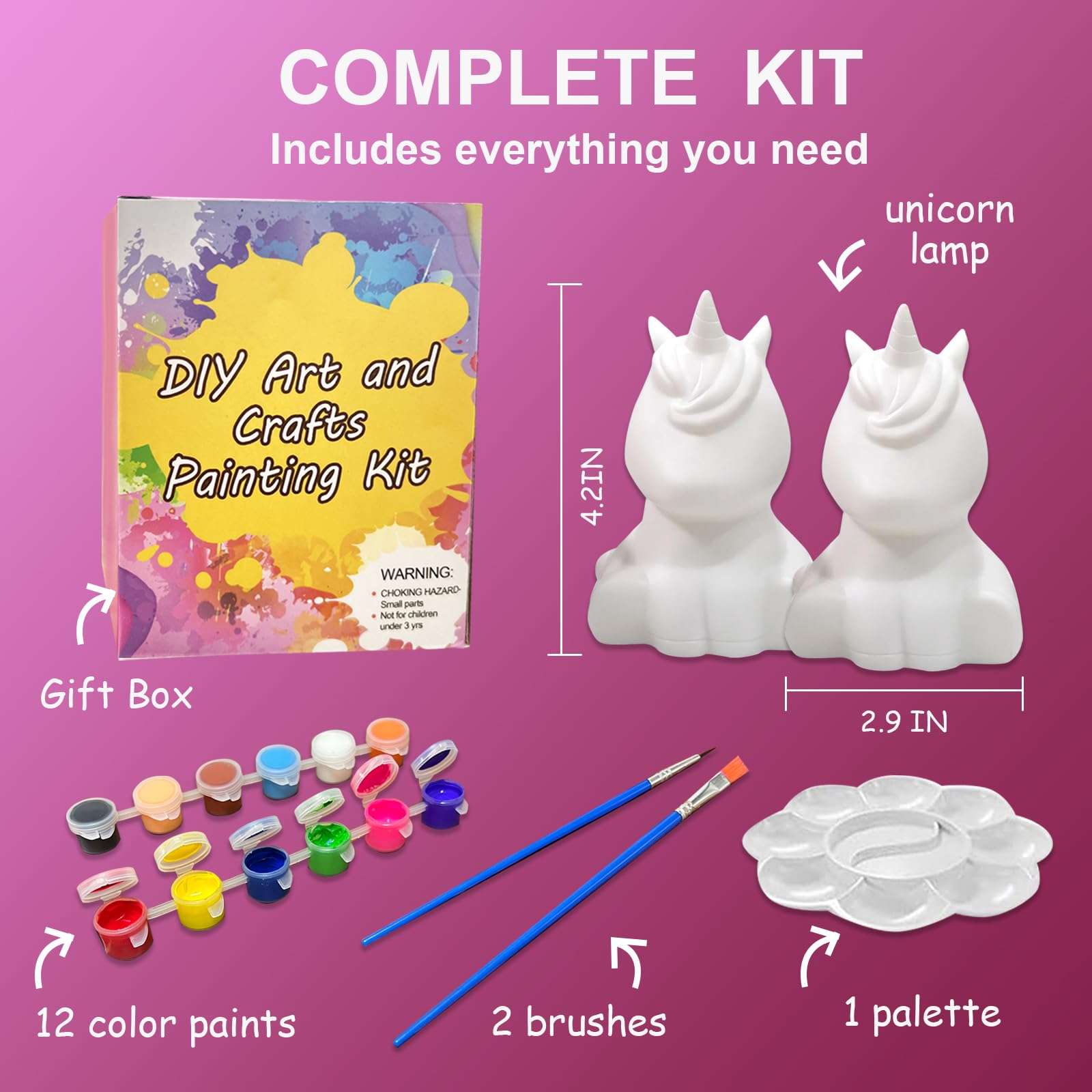 GODLIY 2PCS Paint Your Own Unicorn Night Light Art Kit, Arts and Crafts for Kids Ages 4-8, Unicorn Gifts for Kids 4-12+ 3