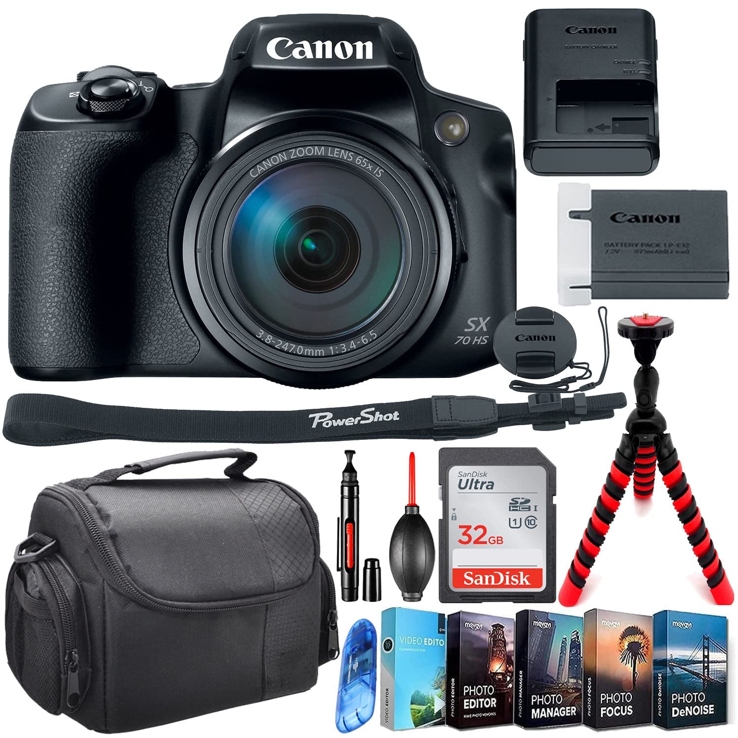 Canon PowerShot SX70 HS Digital Camera - 4K UHD Camera Bundle + 32gb Ultra Speed Memory + Photo/Video Editing Package & Black (Renewed)