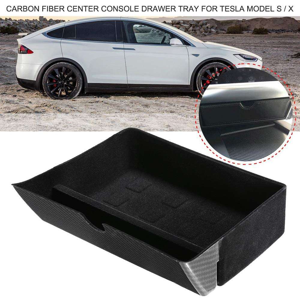 Negaor Storage Bin Carbon Fiber Center Console Drawer Tray Compatible with Tesla Model S/X 2012-2019 DC1 3